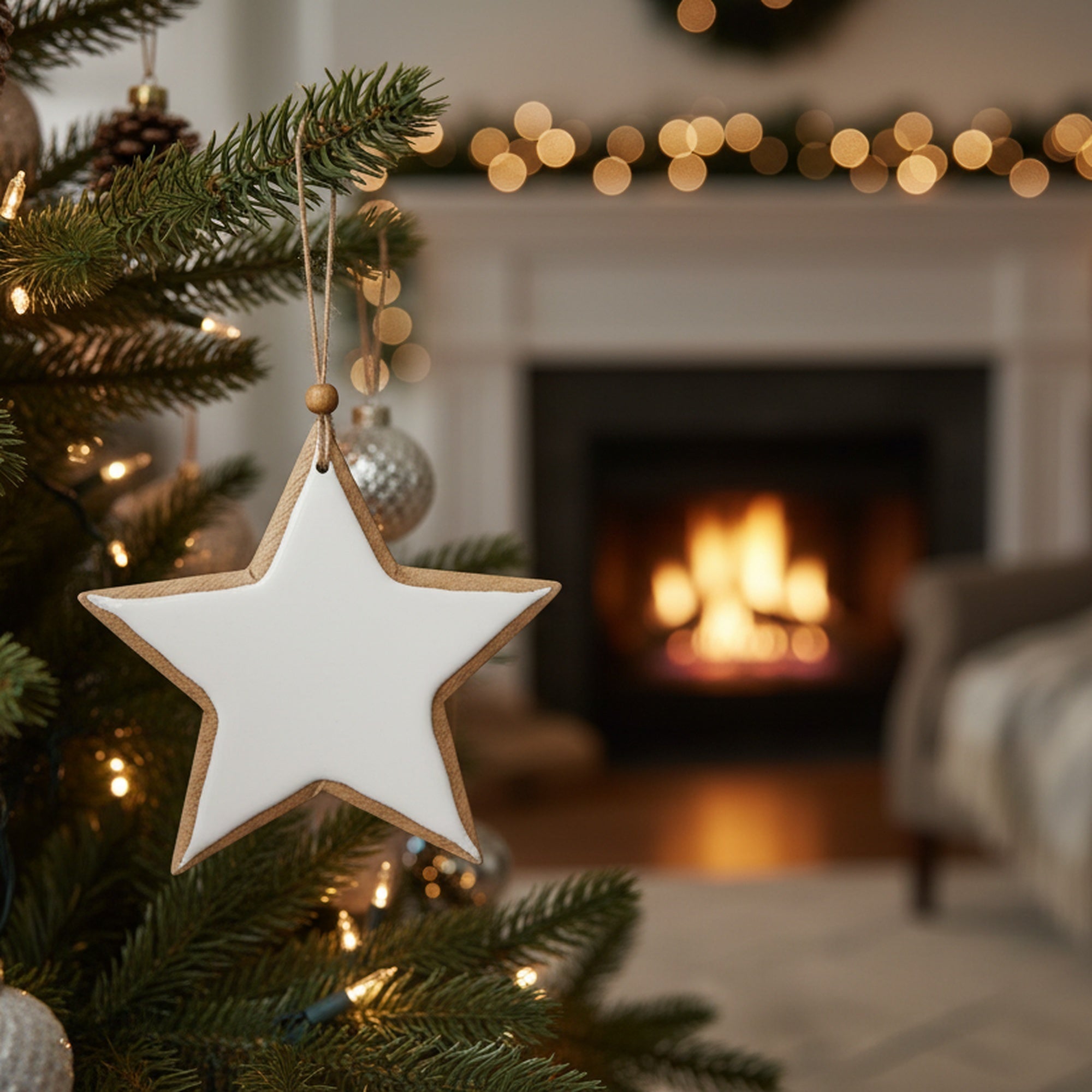 Enamel Coated Mango Wood Ornament White Star, Ornament, Holiday Decor- Set of 6