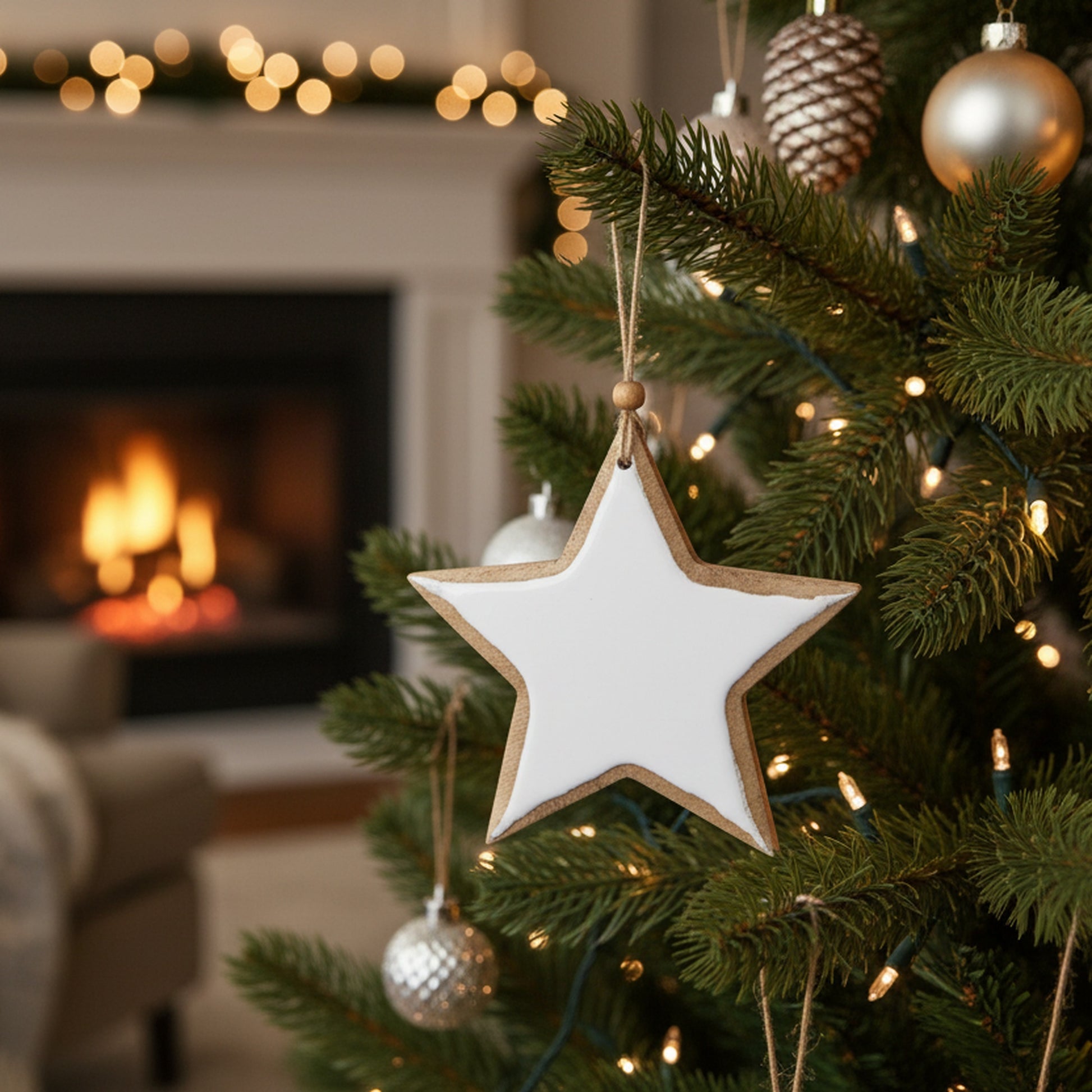 Enamel Coated Mango Wood Ornament White Star, Ornament, Holiday Decor- Set of 6