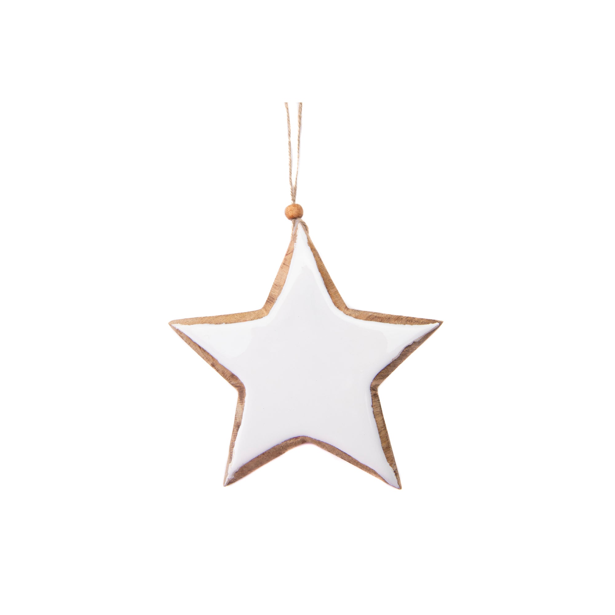 Enamel Coated Mango Wood Ornament White Star, Ornament, Holiday Decor- Set of 6