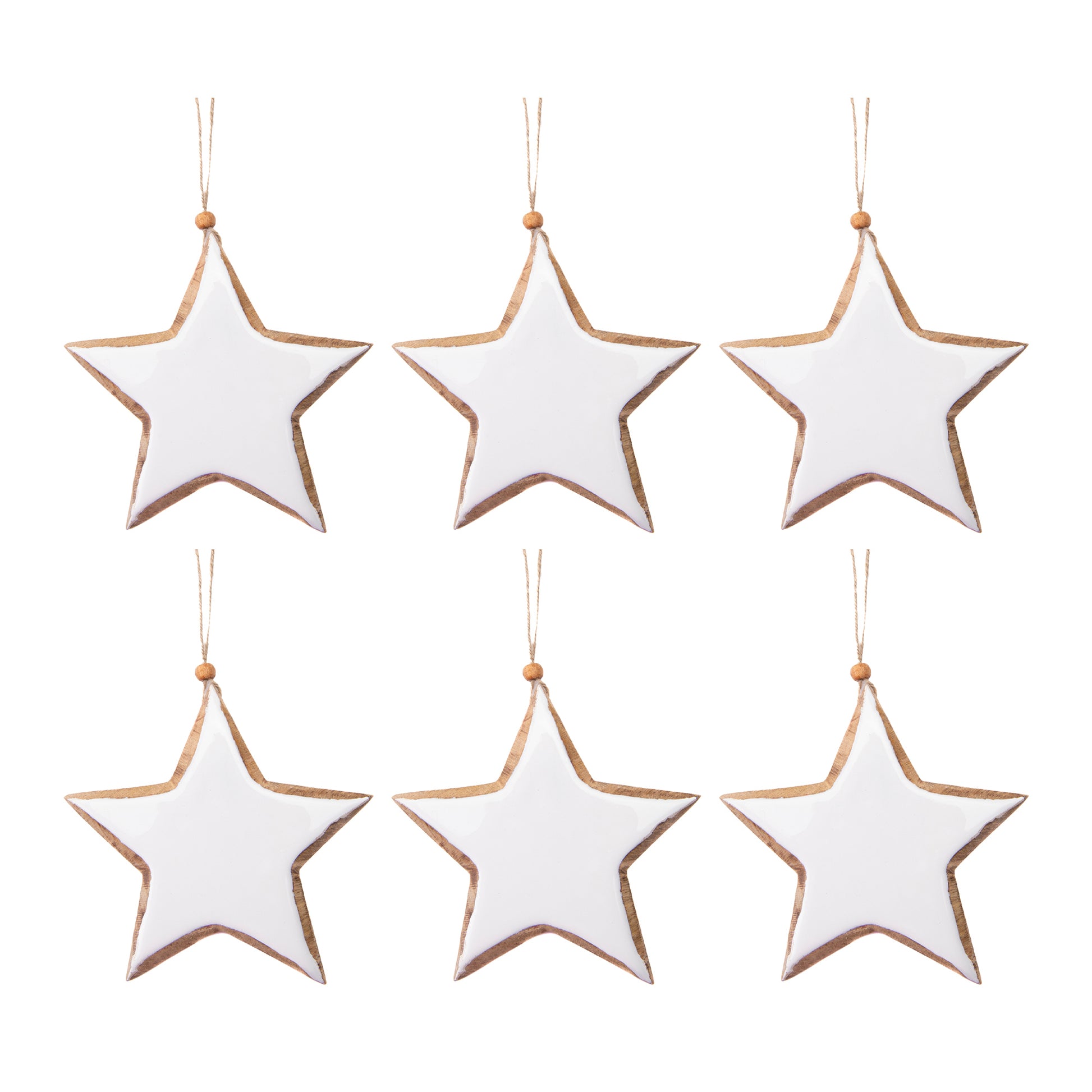 Enamel Coated Mango Wood Ornament White Star, Ornament, Holiday Decor- Set of 6
