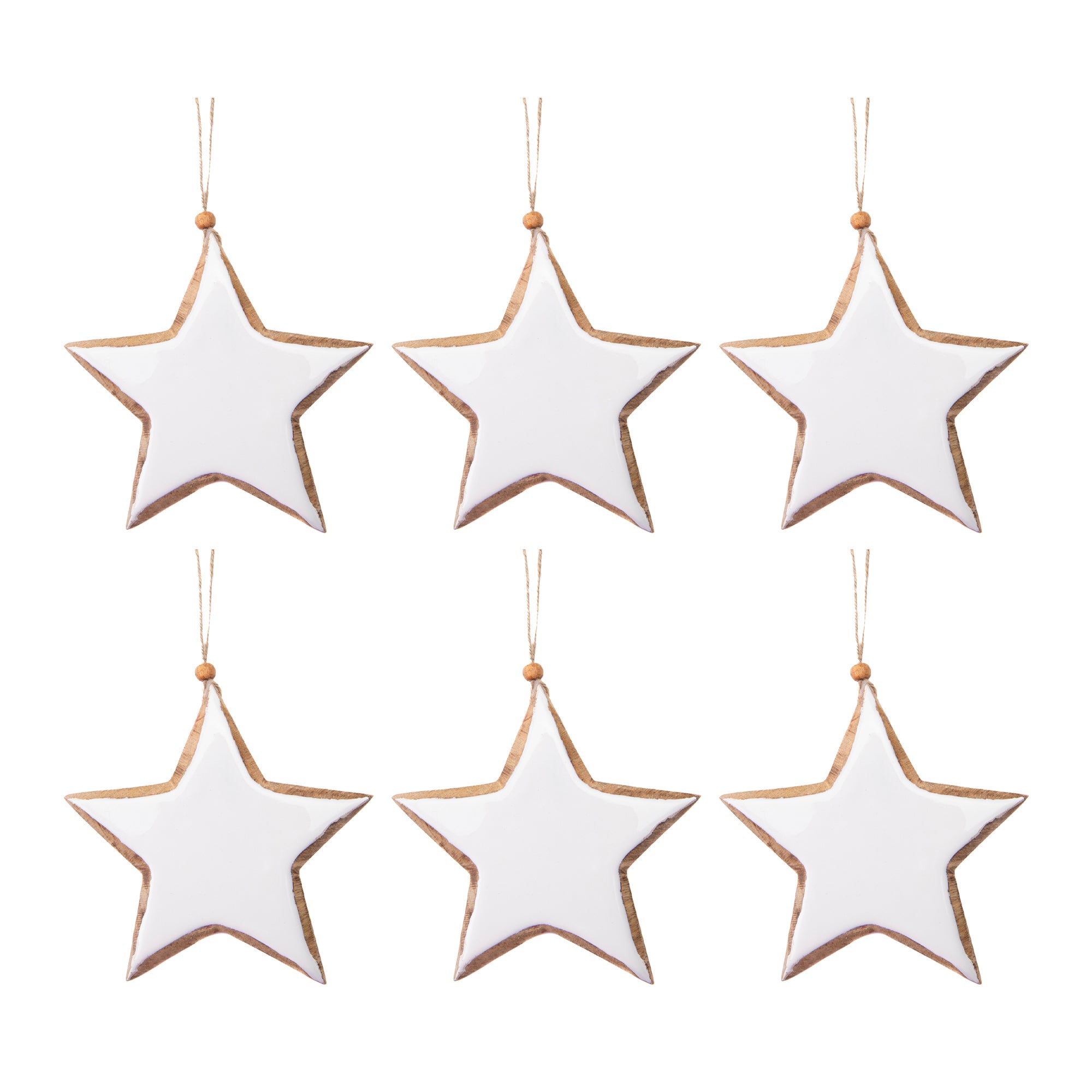 Enamel Coated Mango Wood Ornament White Star, Ornament, Holiday Decor- Set of 6