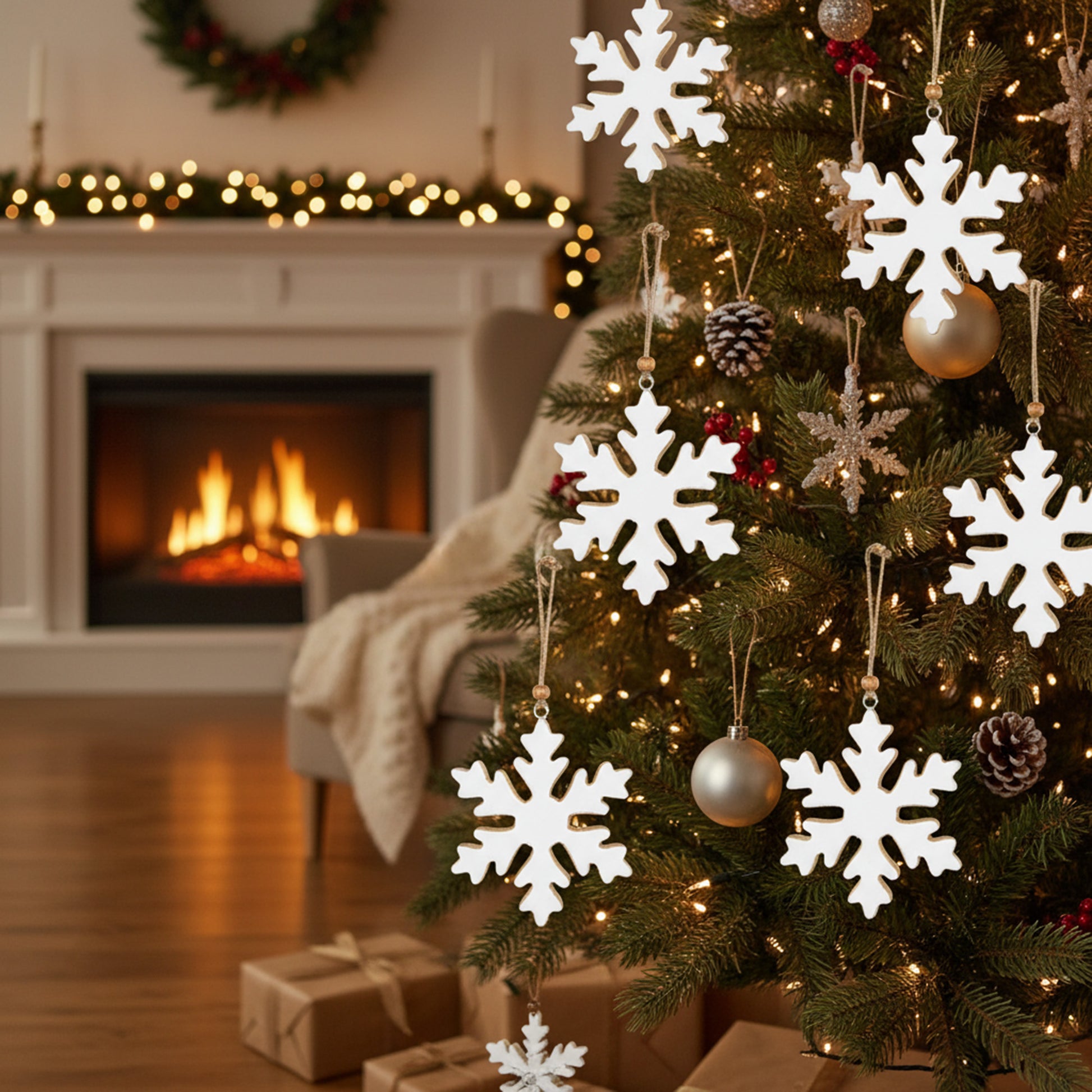 Enamel Coated Mango Wood Ornament White Snowflake, Christmas, Ornament, Holiday Decor- Set of 6