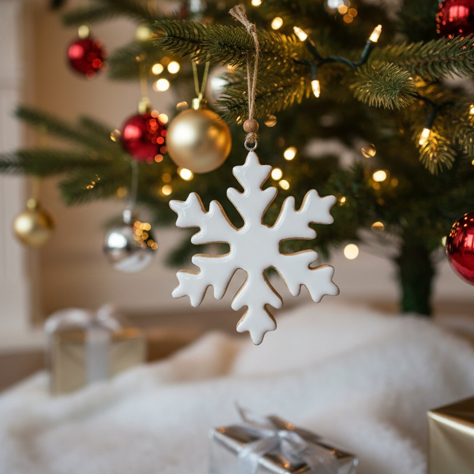 Enamel Coated Mango Wood Ornament White Snowflake, Christmas, Ornament, Holiday Decor- Set of 6