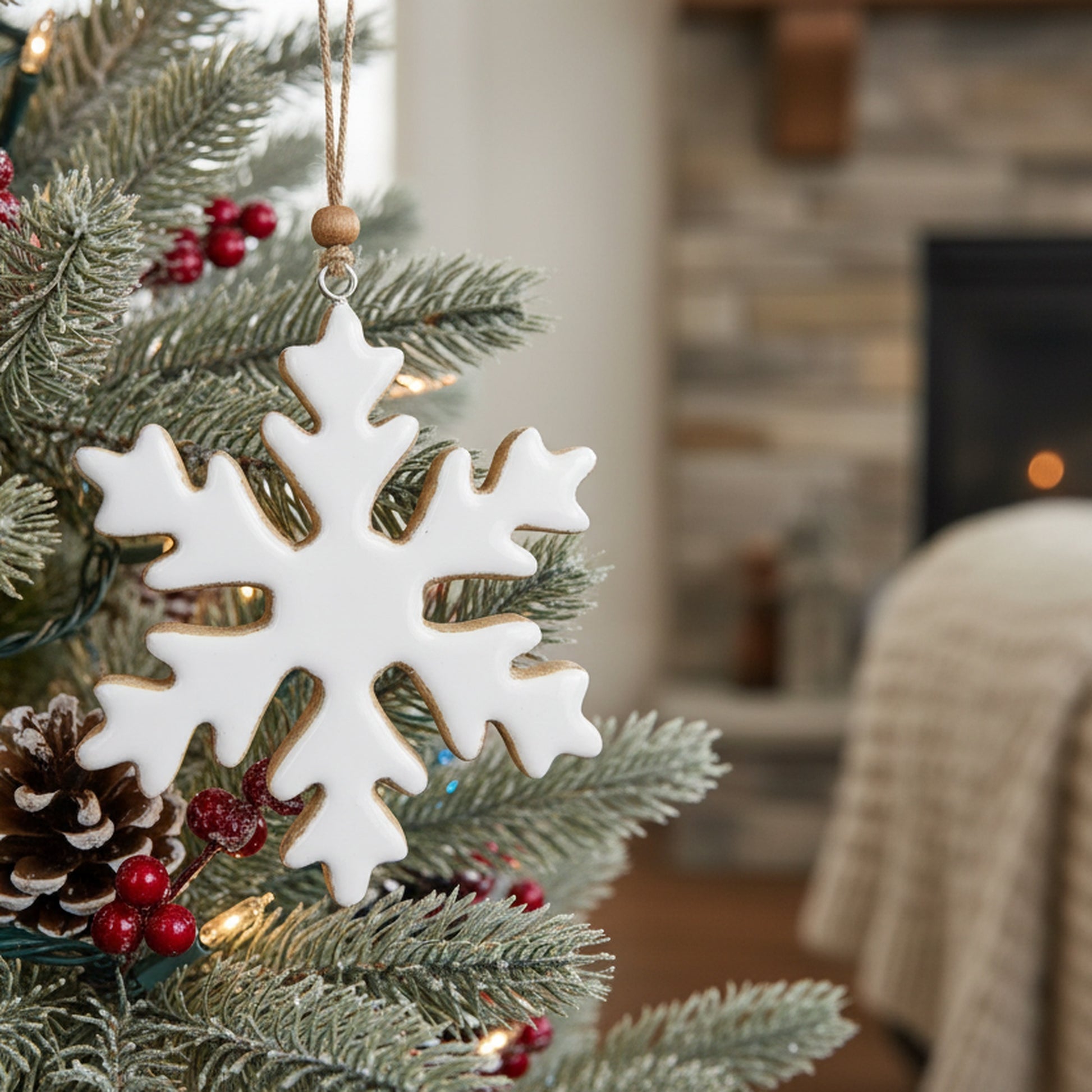 Enamel Coated Mango Wood Ornament White Snowflake, Christmas, Ornament, Holiday Decor- Set of 6