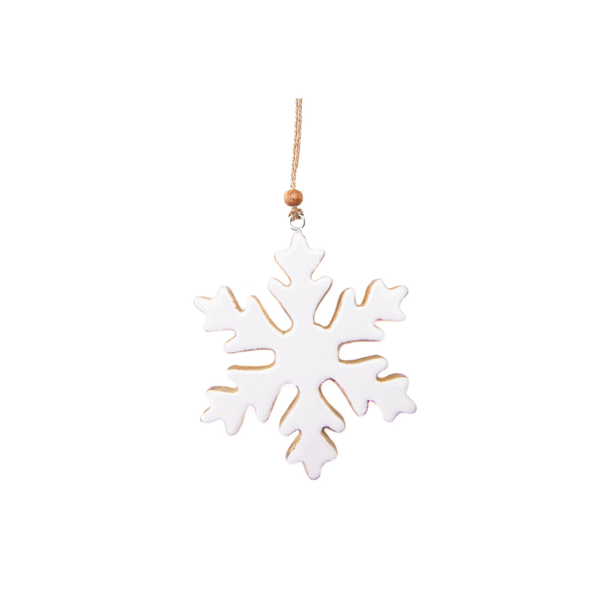 Enamel Coated Mango Wood Ornament White Snowflake, Christmas, Ornament, Holiday Decor- Set of 6