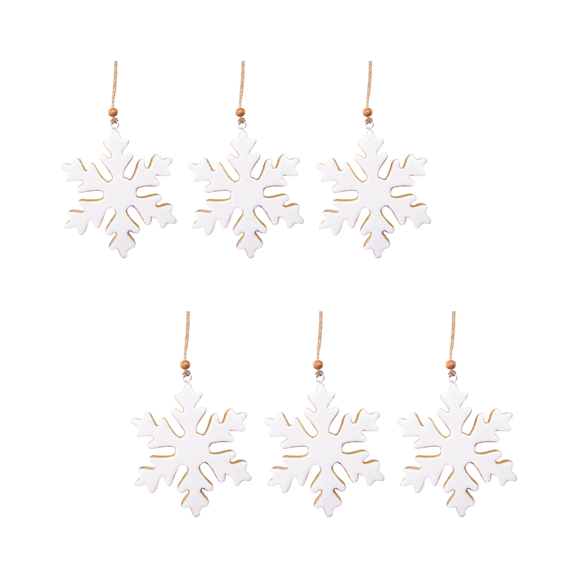 Enamel Coated Mango Wood Ornament White Snowflake, Christmas, Ornament, Holiday Decor- Set of 6