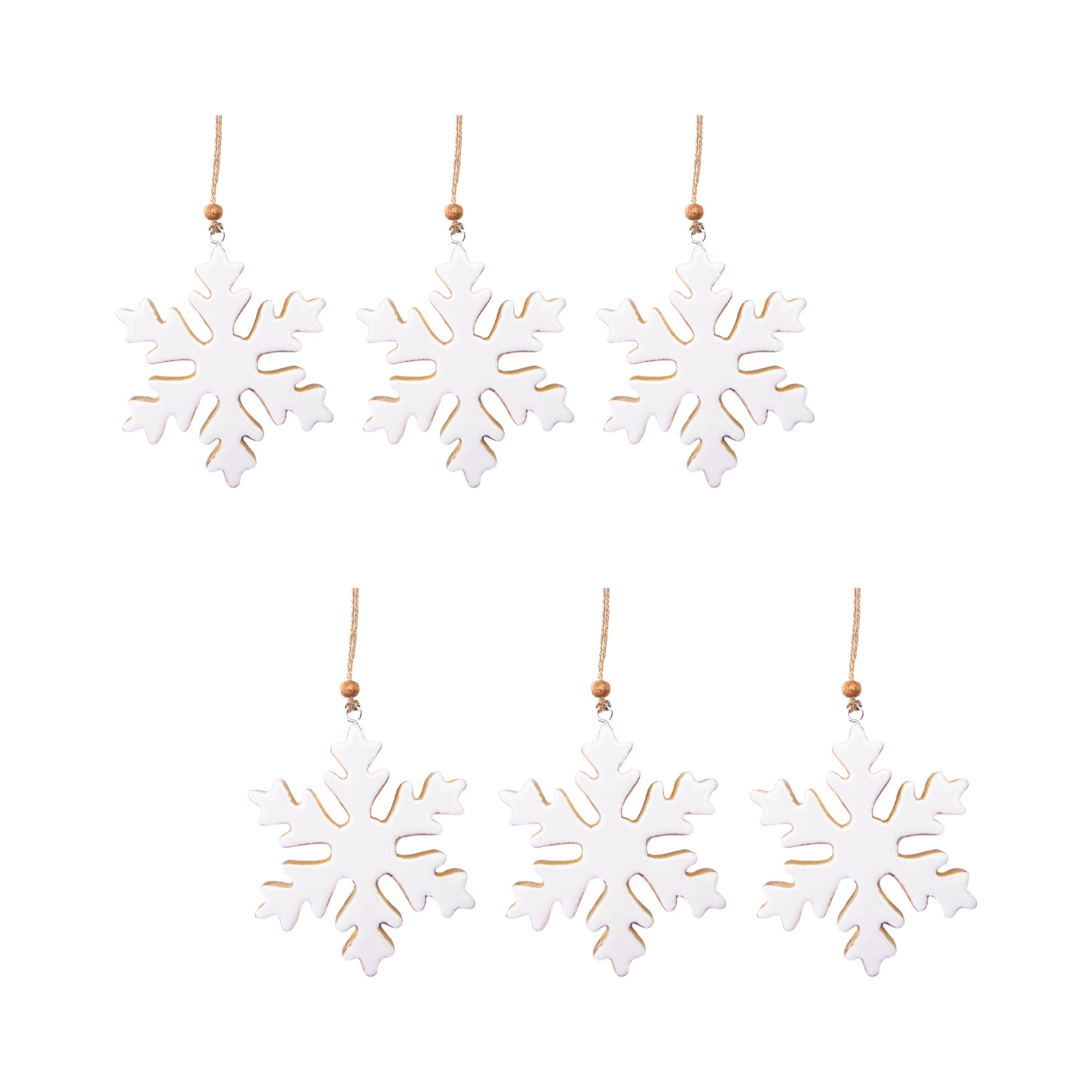Enamel Coated Mango Wood Ornament White Snowflake, Christmas, Ornament, Holiday Decor- Set of 6