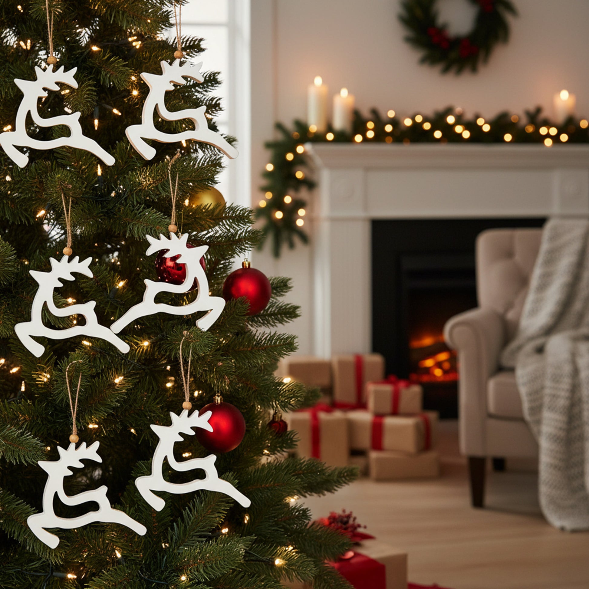 Enamel Coated Mango Wood Ornament White Reindeer with Cut-Out, Christmas, Ornament, Holiday Decor- Set of 6