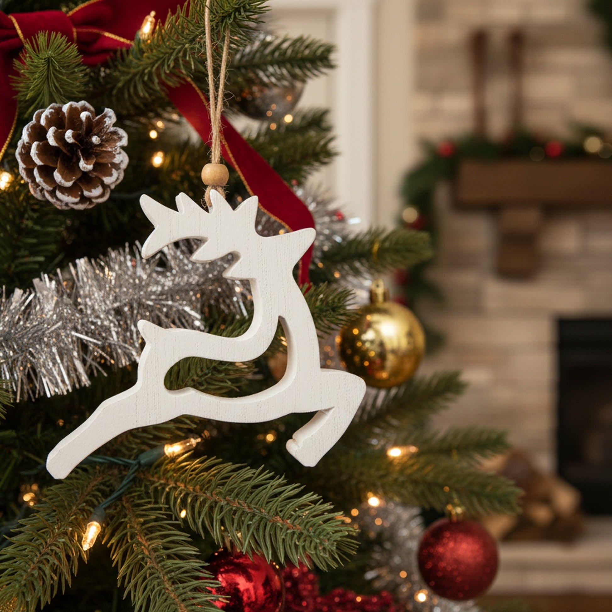 Enamel Coated Mango Wood Ornament White Reindeer with Cut-Out, Christmas, Ornament, Holiday Decor- Set of 6