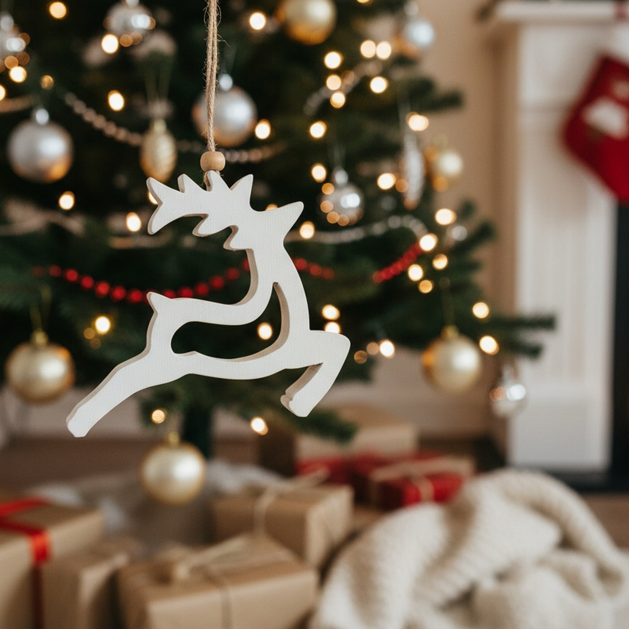 Enamel Coated Mango Wood Ornament White Reindeer with Cut-Out, Christmas, Ornament, Holiday Decor- Set of 6