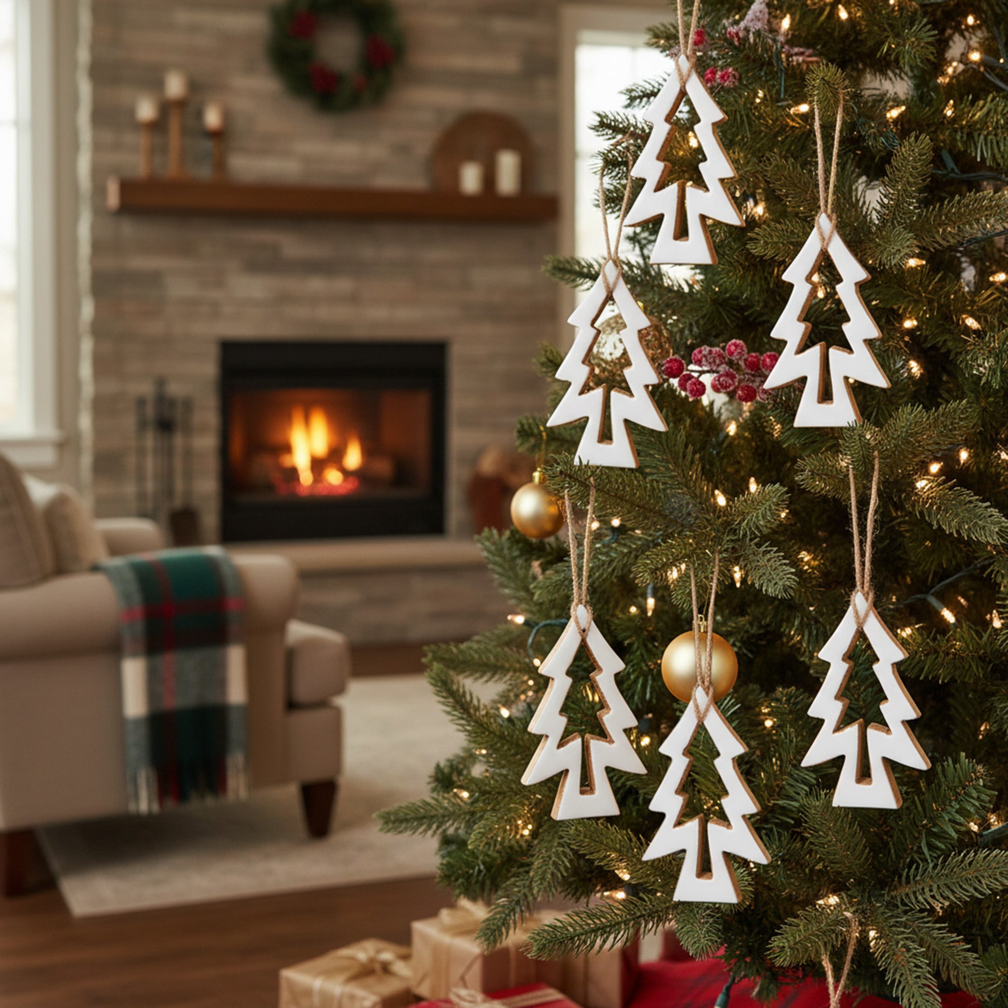 Enamel Coated Mango Wood Ornament White Tree with Cut-Out, Christmas, Ornament, Holiday Decor- Set of 6