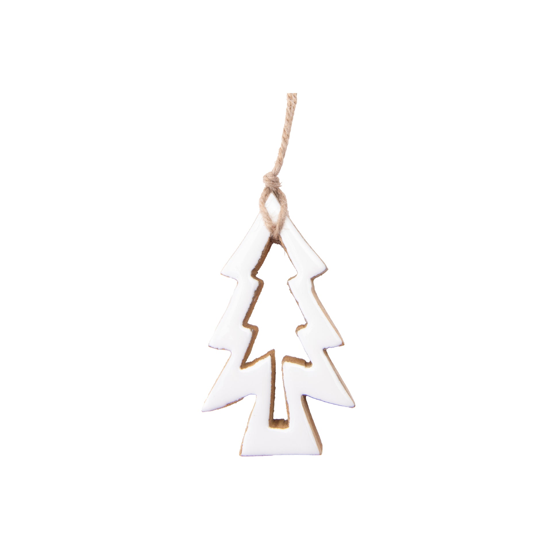 Enamel Coated Mango Wood Ornament White Tree with Cut-Out, Christmas, Ornament, Holiday Decor- Set of 6