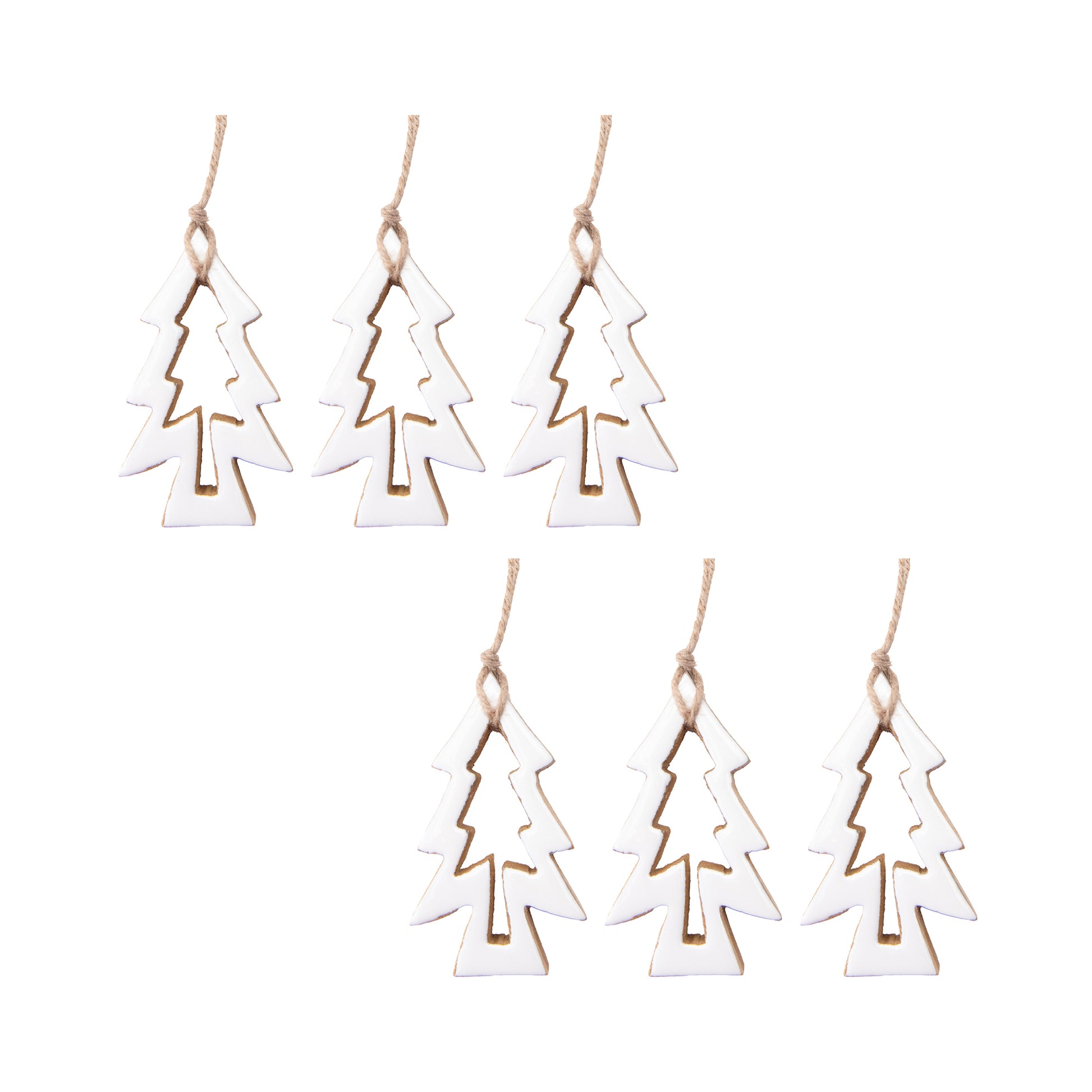 Enamel Coated Mango Wood Ornament White Tree with Cut-Out, Christmas, Ornament, Holiday Decor- Set of 6