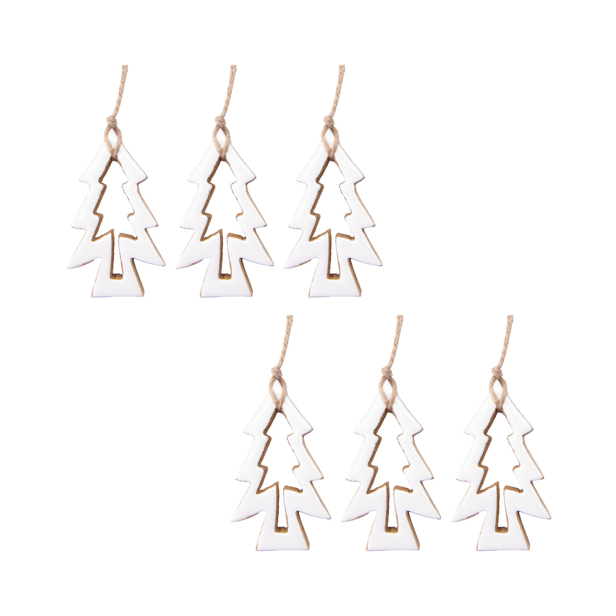 Enamel Coated Mango Wood Ornament White Tree with Cut-Out, Christmas, Ornament, Holiday Decor- Set of 6