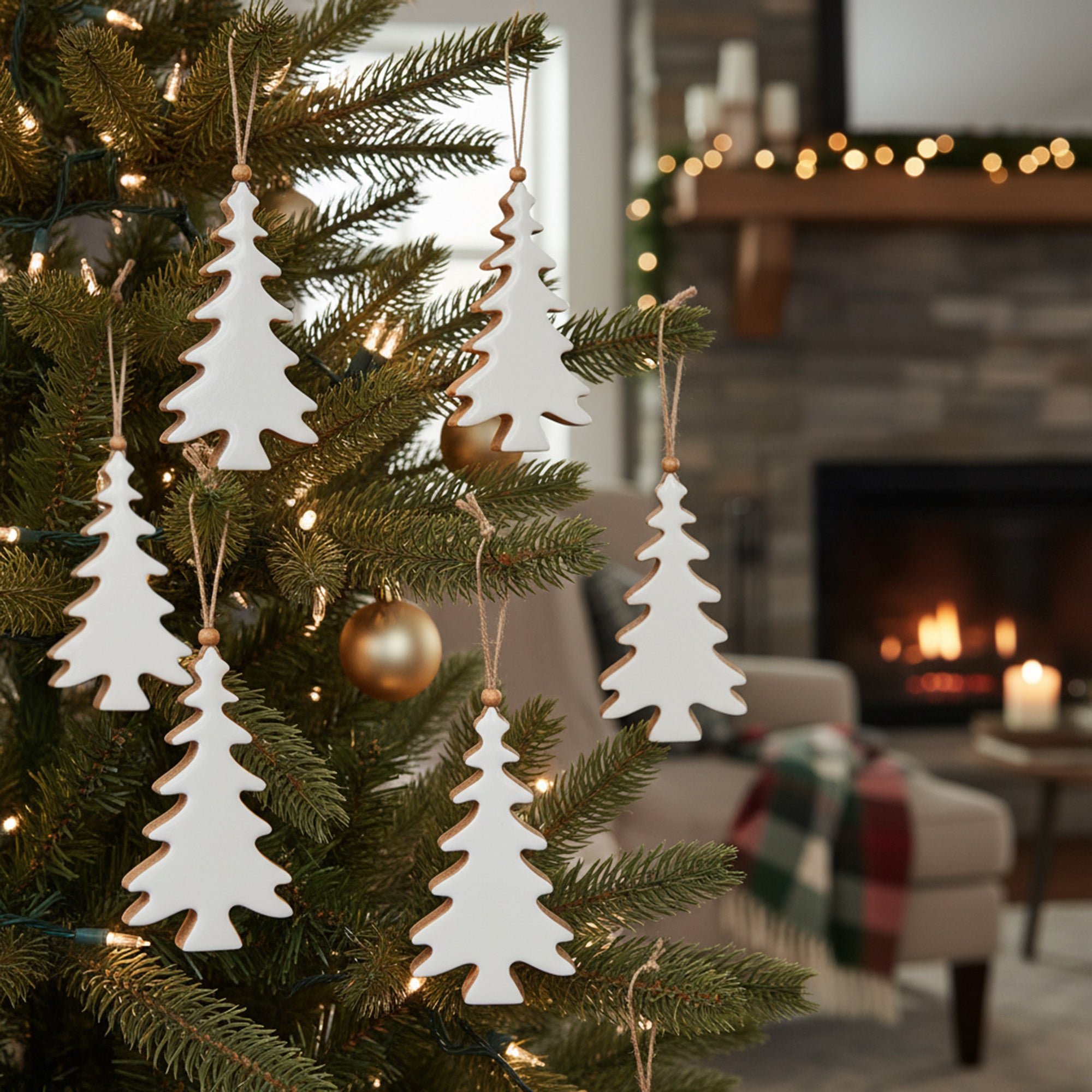 Enamel Coated Mango Wood Ornament White Tree, Ornament, Holiday Decor- Set of 6