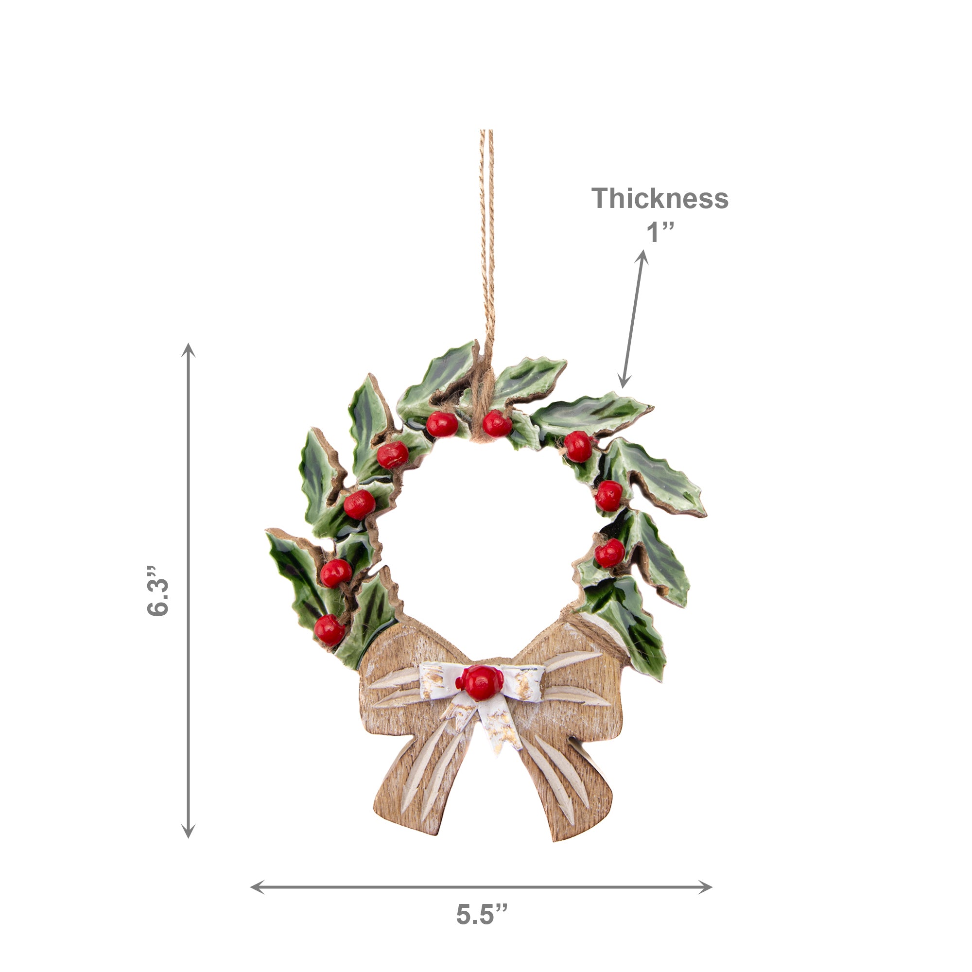Enamel Coated Mango Wood Ornament Green Wreath, Wreath, Holiday Decor- Set of 6
