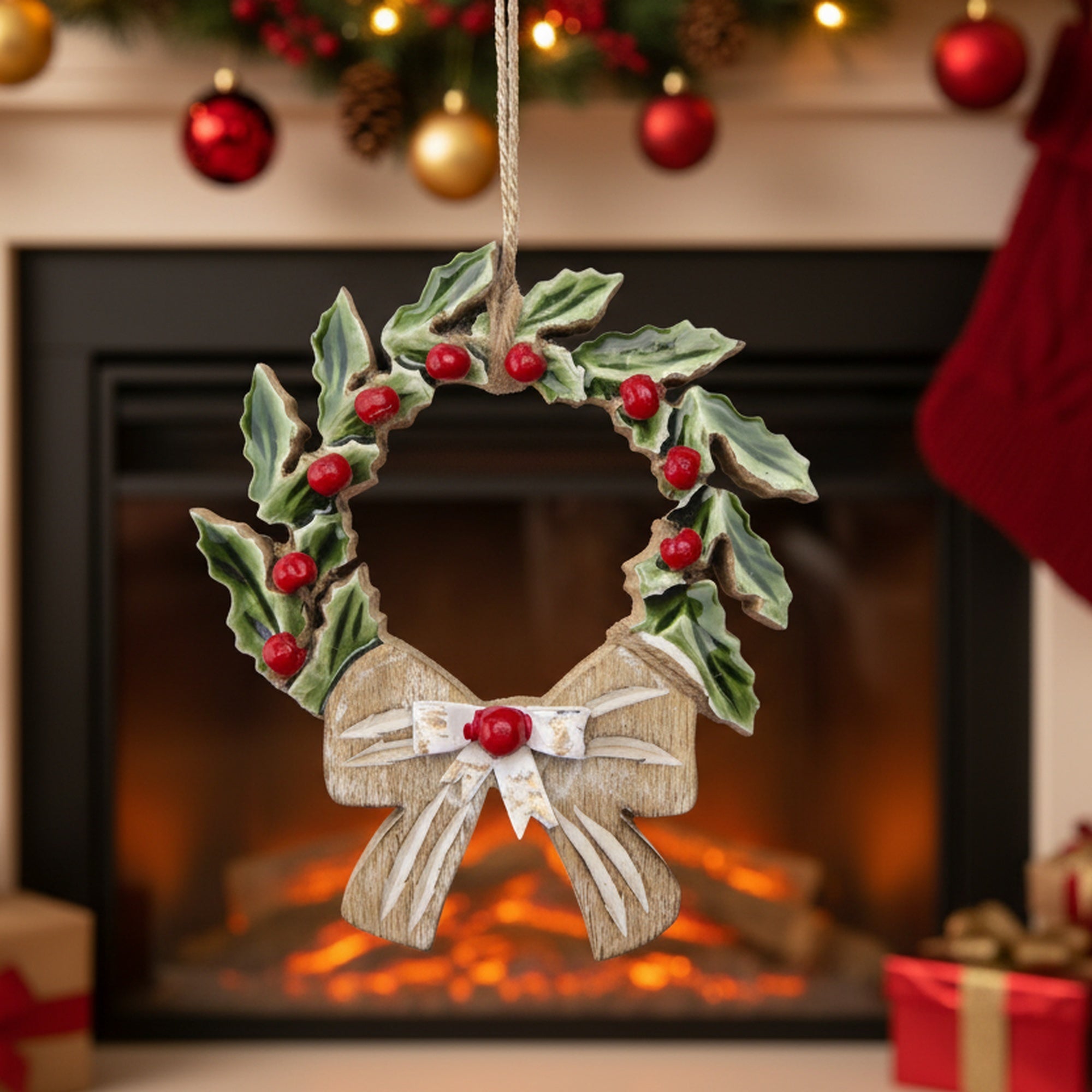 Enamel Coated Mango Wood Ornament Green Wreath, Wreath, Holiday Decor- Set of 6