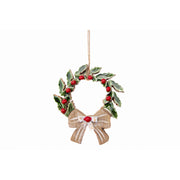 Enamel Coated Mango Wood Ornament Green Wreath, Wreath, Holiday Decor- Set of 6