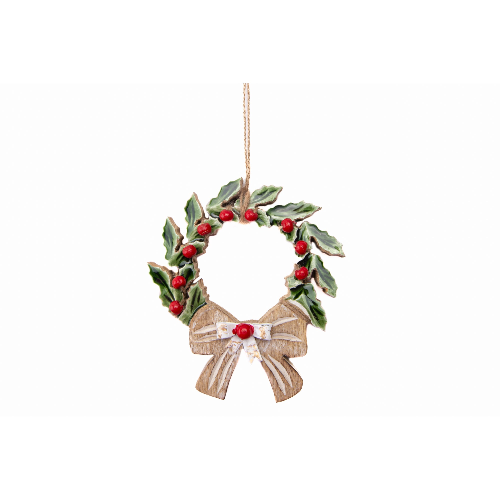 Enamel Coated Mango Wood Ornament Green Wreath, Wreath, Holiday Decor- Set of 6
