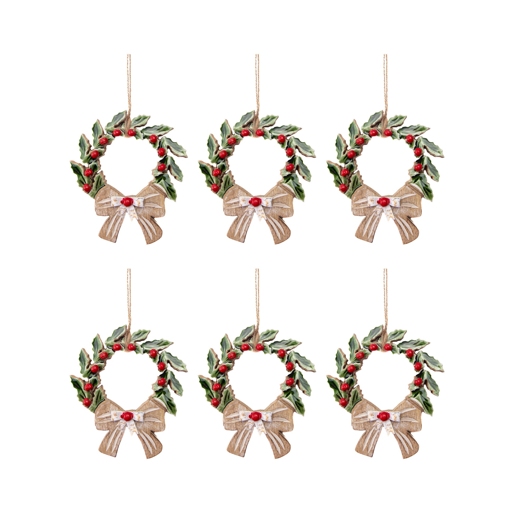 Enamel Coated Mango Wood Ornament Green Wreath, Wreath, Holiday Decor- Set of 6