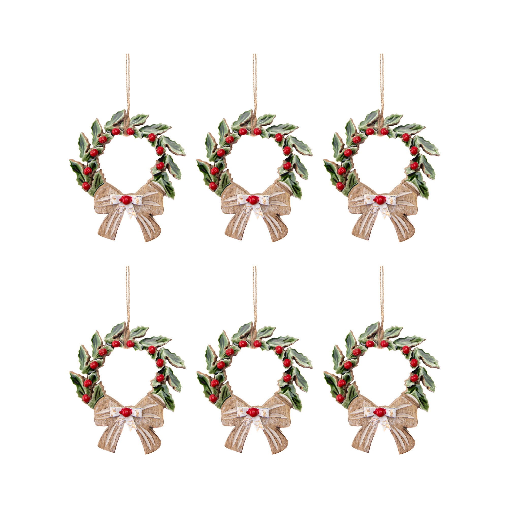Enamel Coated Mango Wood Ornament Green Wreath, Wreath, Holiday Decor- Set of 6