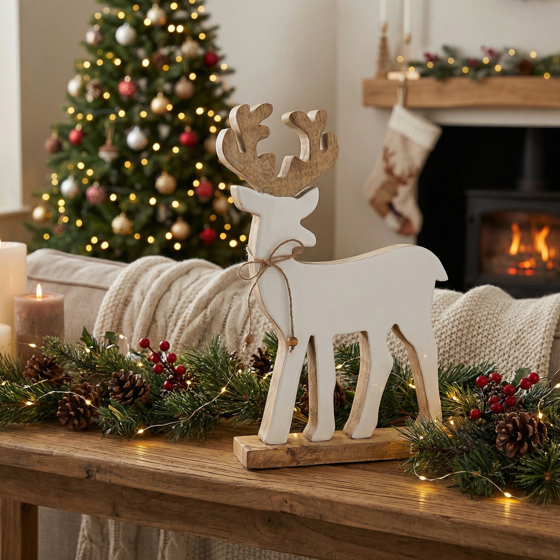 Enamel Coated Mango Wood White Reindeer, Christmas, Holiday Decor