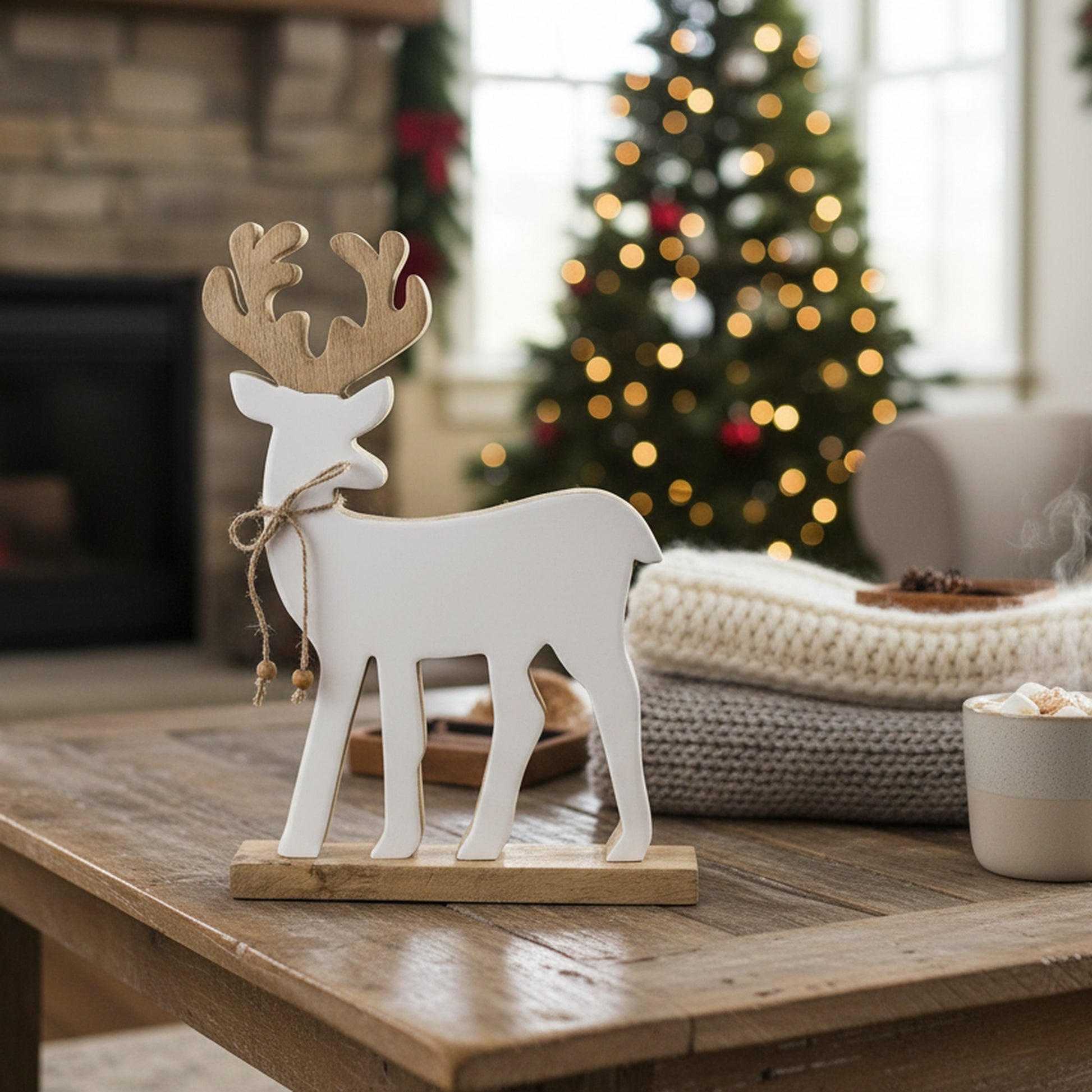 Enamel Coated Mango Wood White Reindeer, Christmas, Holiday Decor