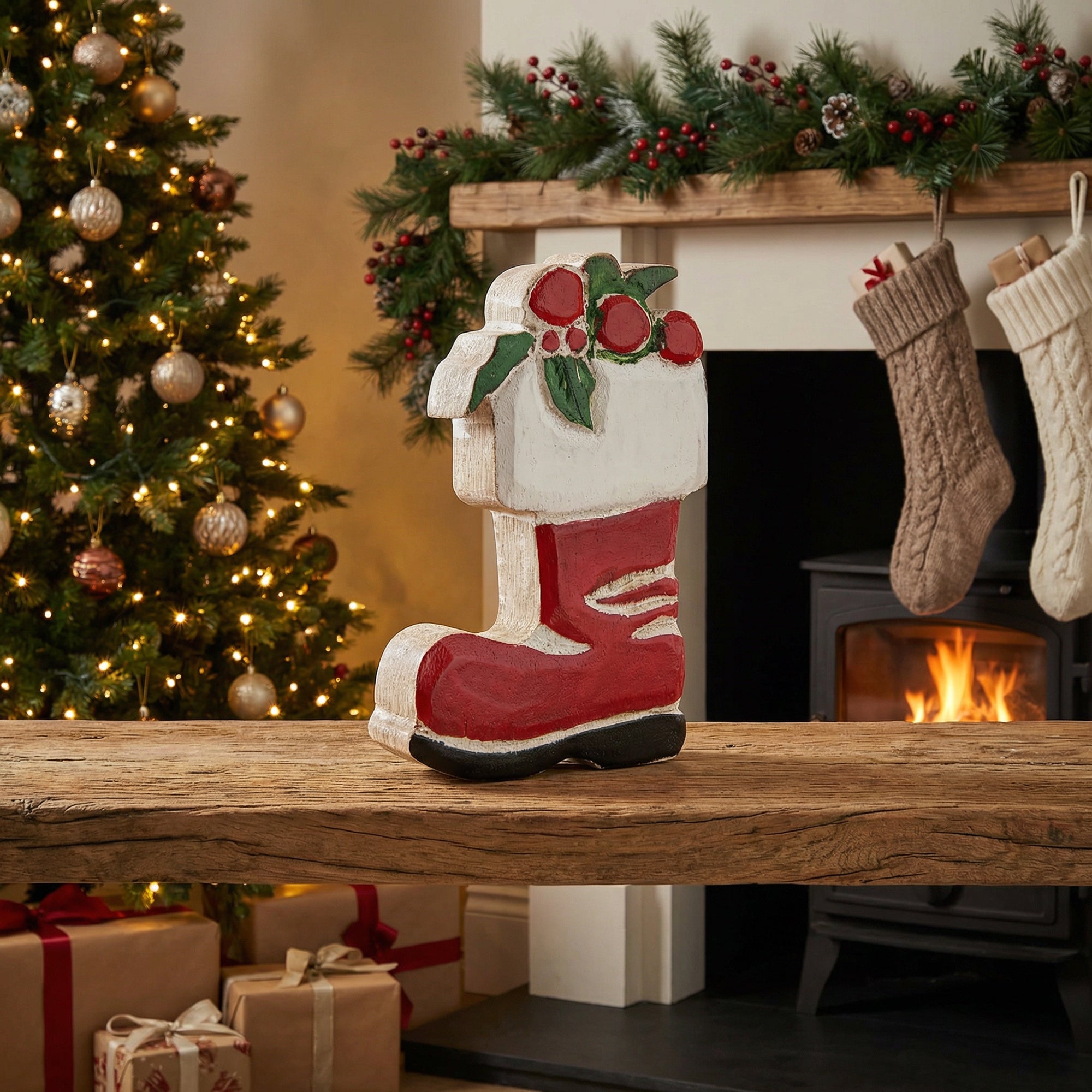 Mango Wood Decor Red Stocking, Christmas, Stocking, Holiday Decor