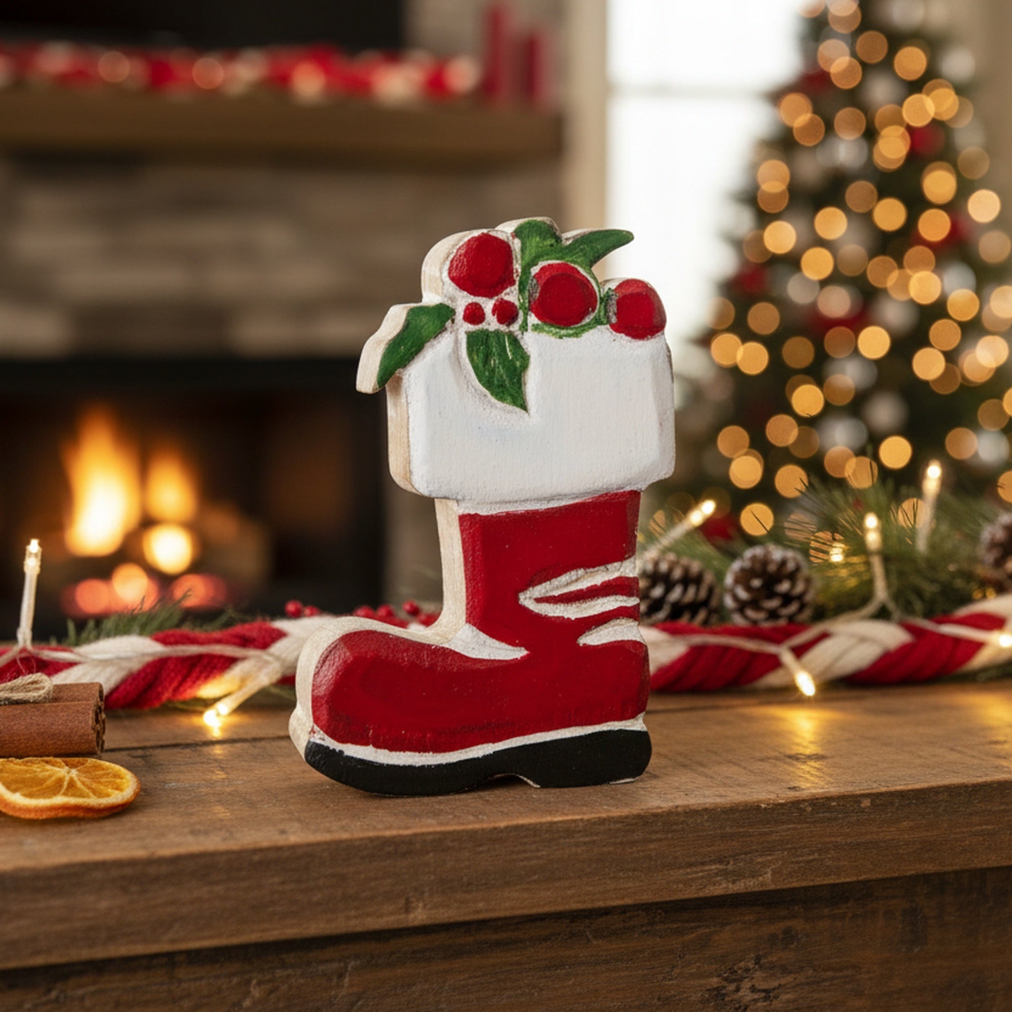 Mango Wood Decor Red Stocking, Christmas, Stocking, Holiday Decor