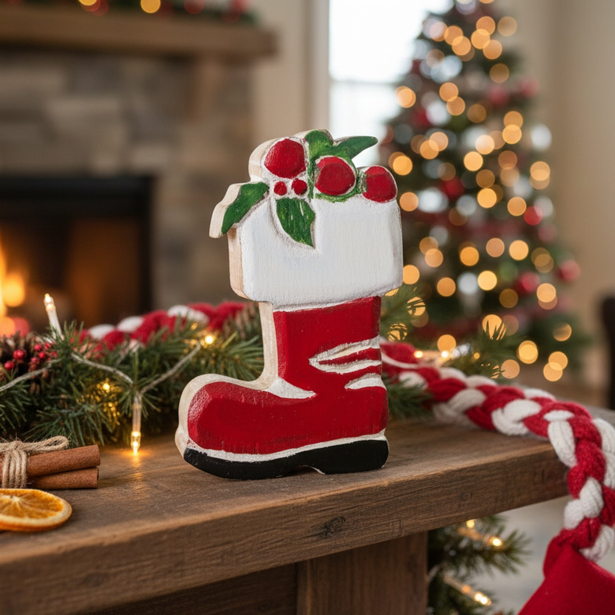 Mango Wood Decor Red Stocking, Christmas, Stocking, Holiday Decor