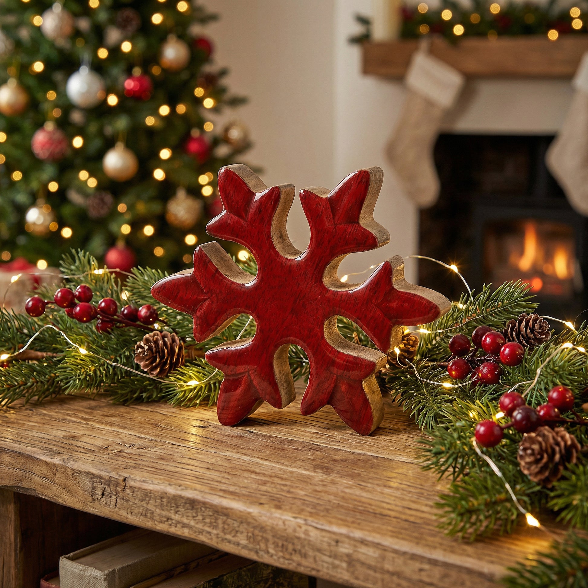 Enamel Coated Mango Wood Red Snowflake, Christmas, Holiday Decor