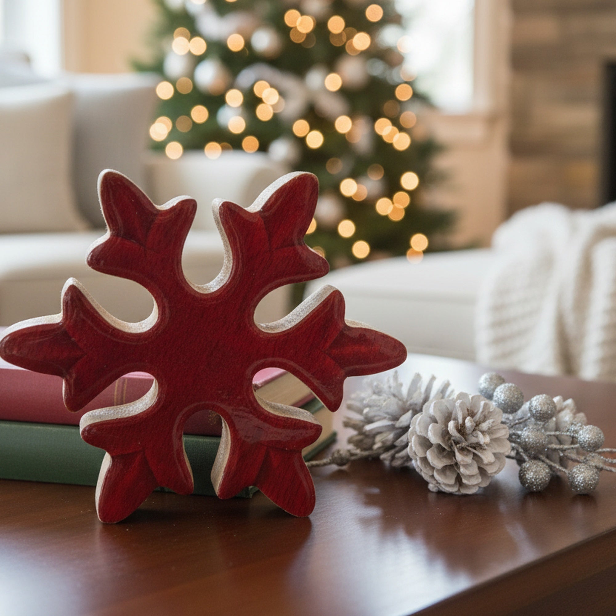 Enamel Coated Mango Wood Red Snowflake, Christmas, Holiday Decor