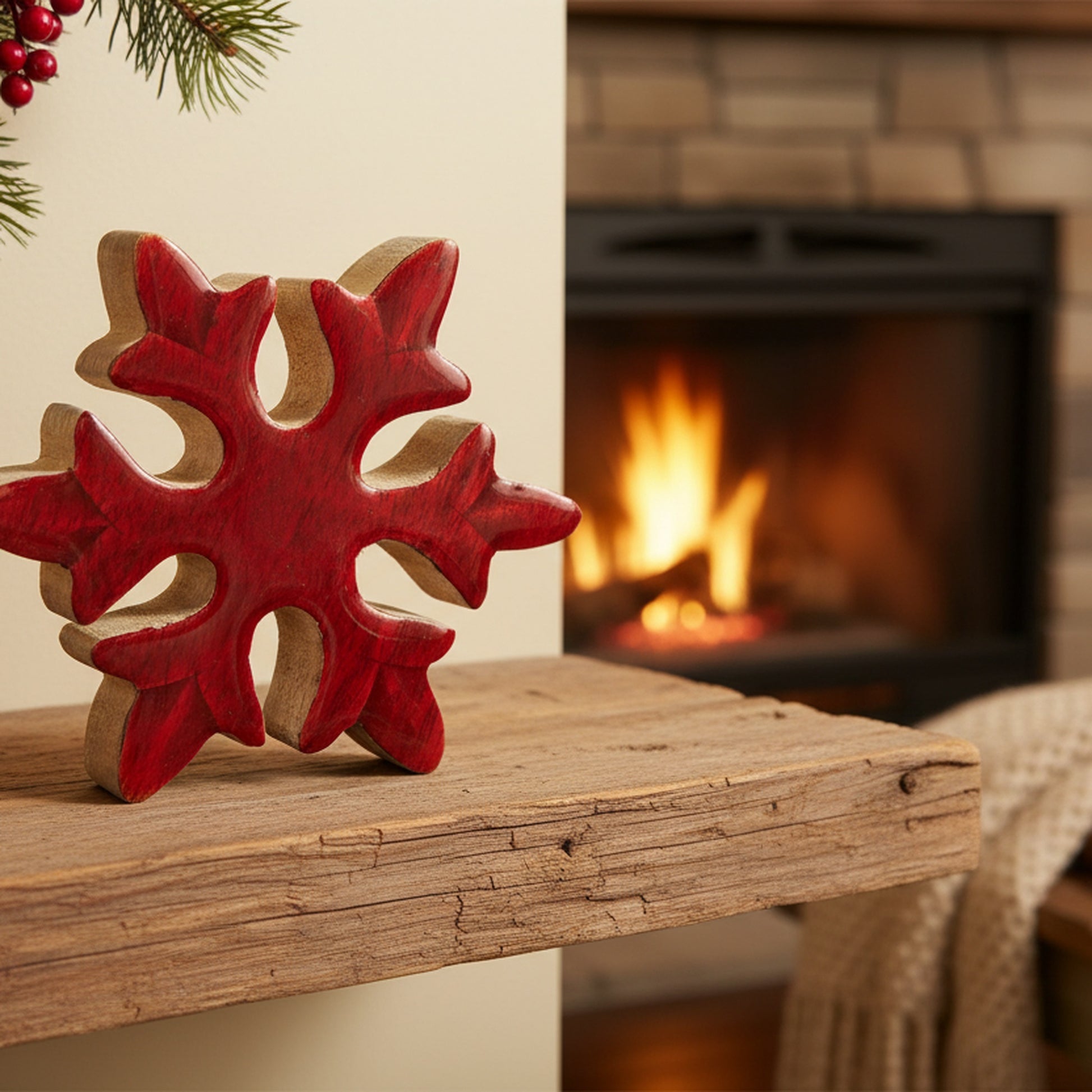 Enamel Coated Mango Wood Red Snowflake, Christmas, Holiday Decor