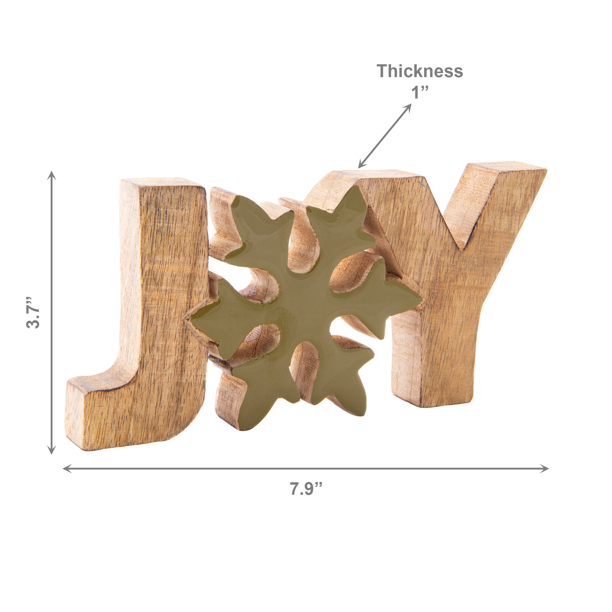 Mango Wood Decor Joy with Enamel Coated Snowflake, Christmas, Holiday Decor