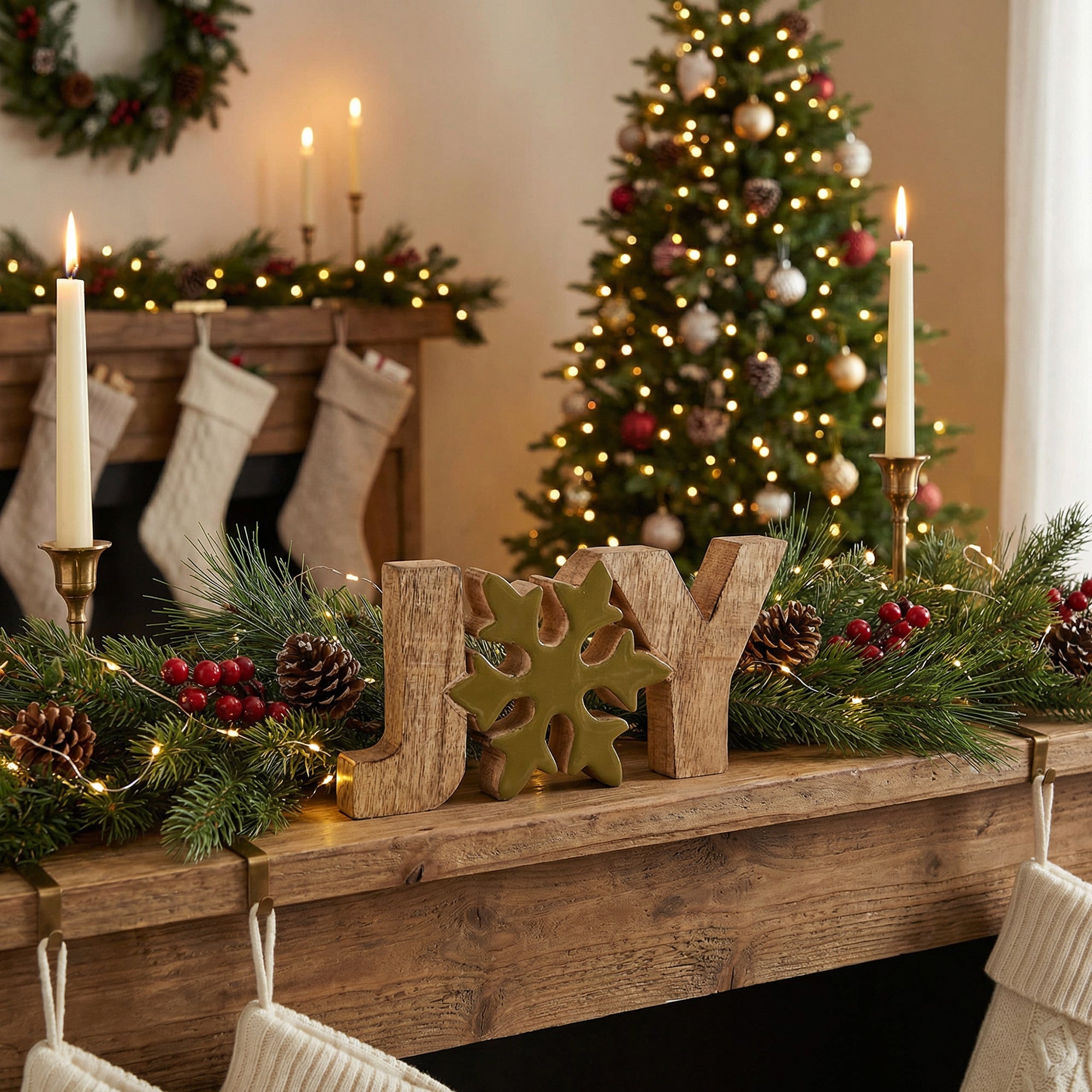 Mango Wood Decor Joy with Enamel Coated Snowflake, Christmas, Holiday Decor