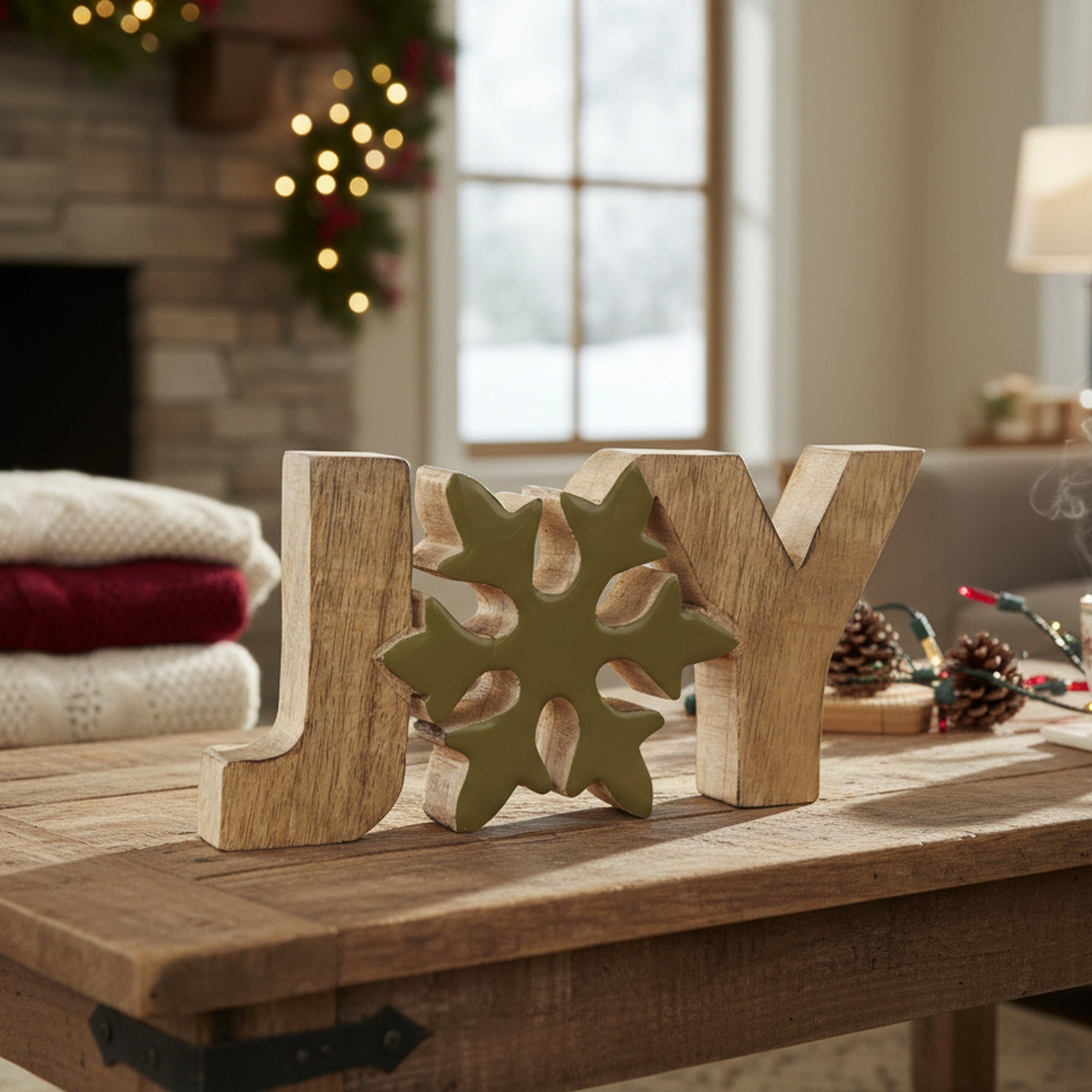 Mango Wood Decor Joy with Enamel Coated Snowflake, Christmas, Holiday Decor