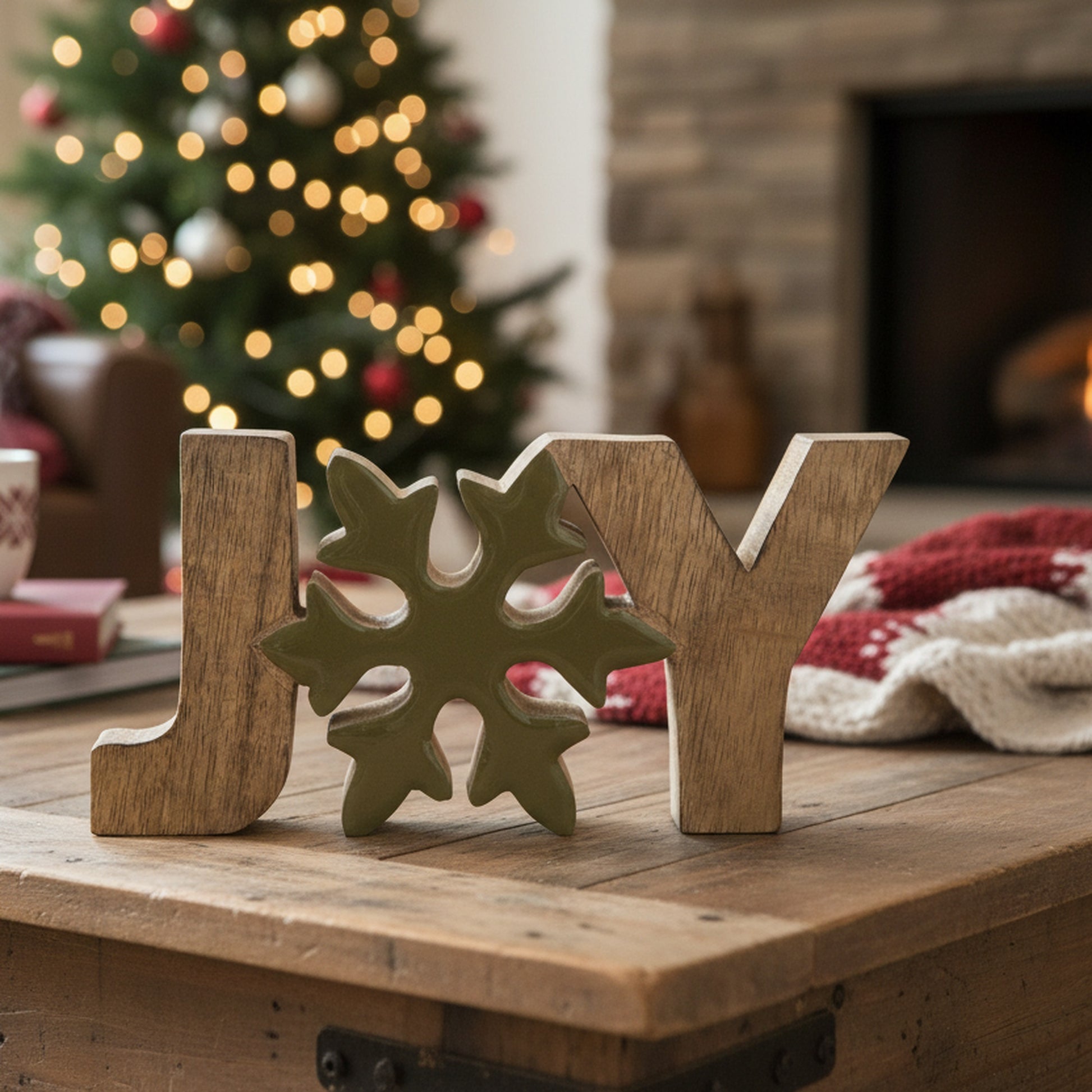 Mango Wood Decor Joy with Enamel Coated Snowflake, Christmas, Holiday Decor