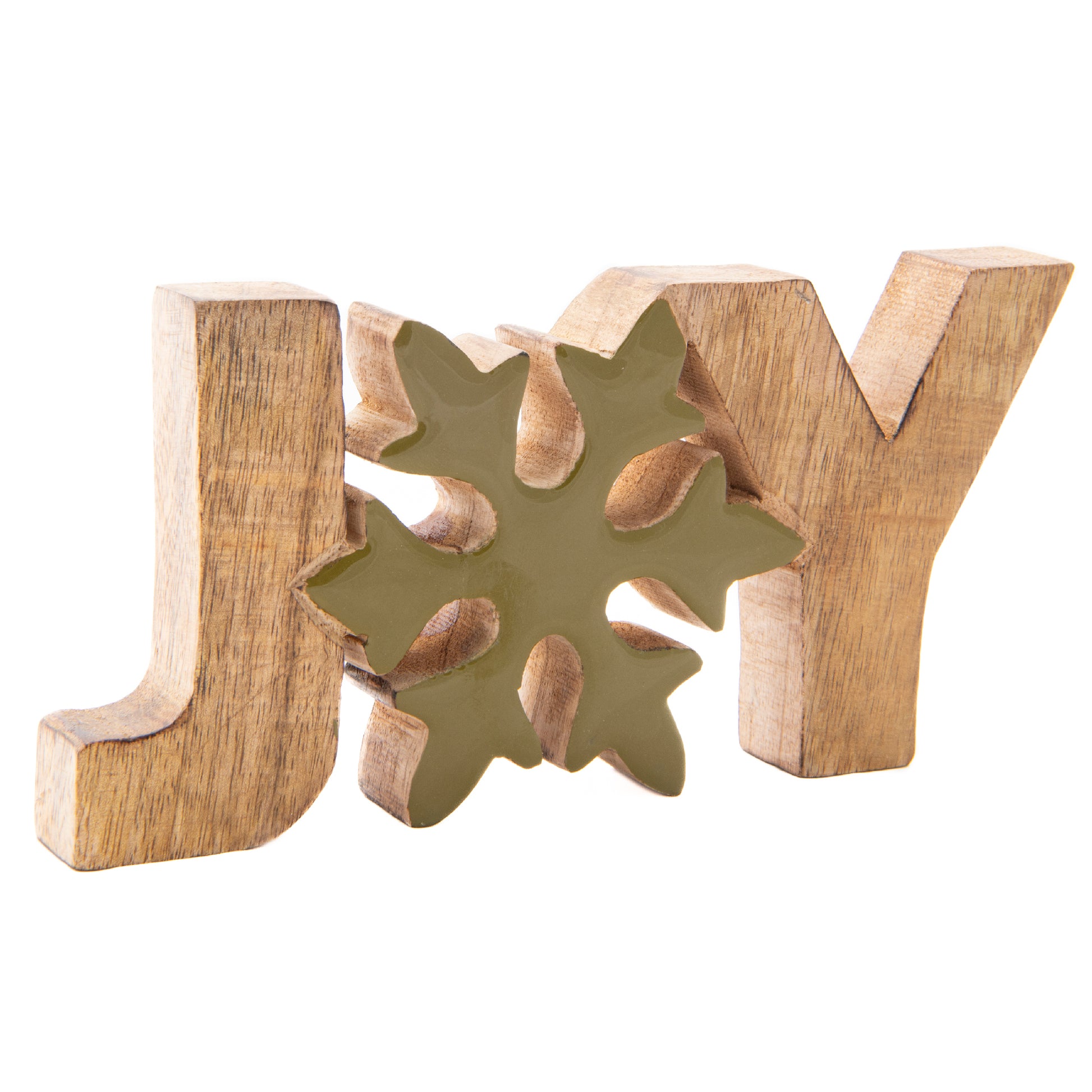 Mango Wood Decor Joy with Enamel Coated Snowflake, Christmas, Holiday Decor