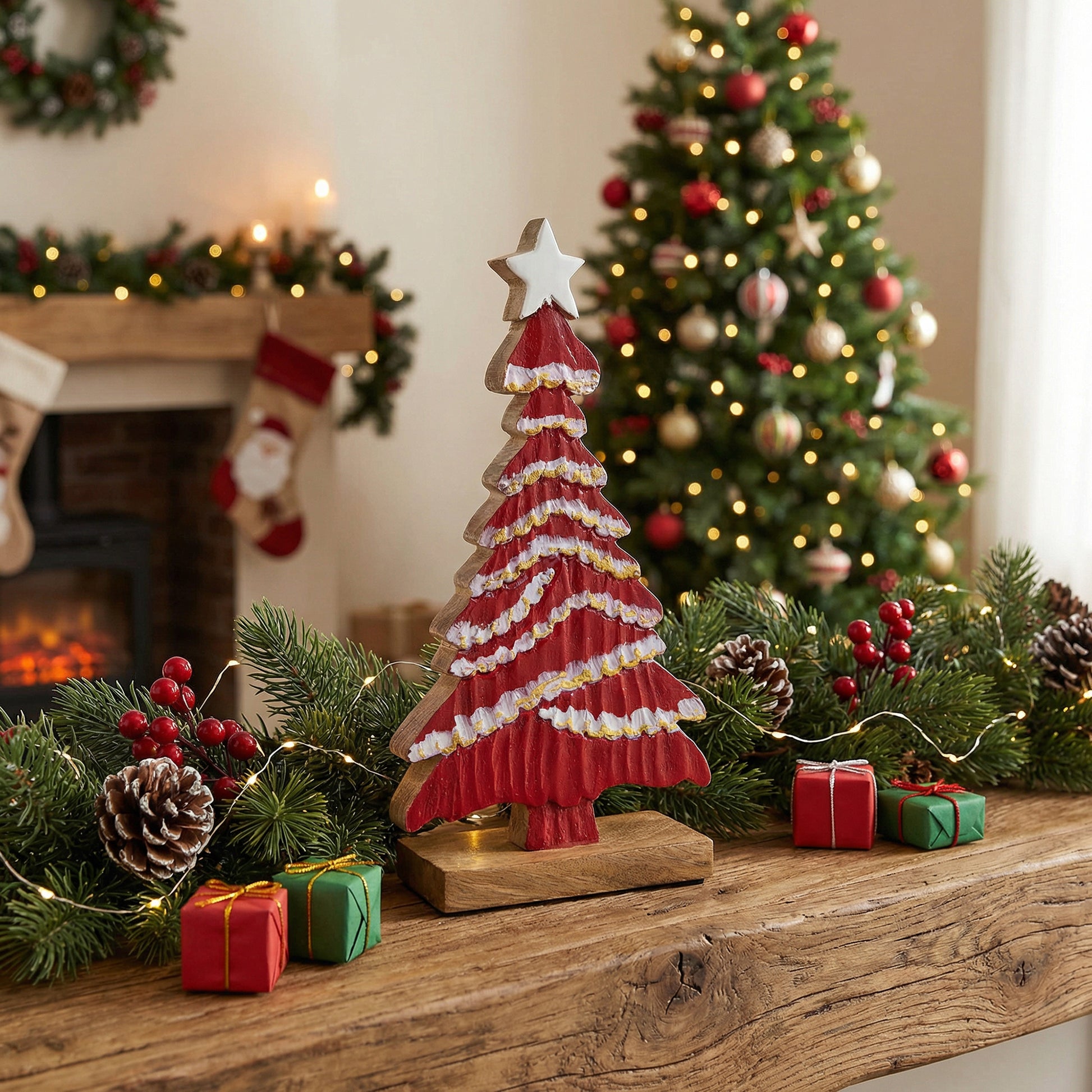 Mango Wood Red Tree with Enamel Coated Star, Christmas, Holiday Decor
