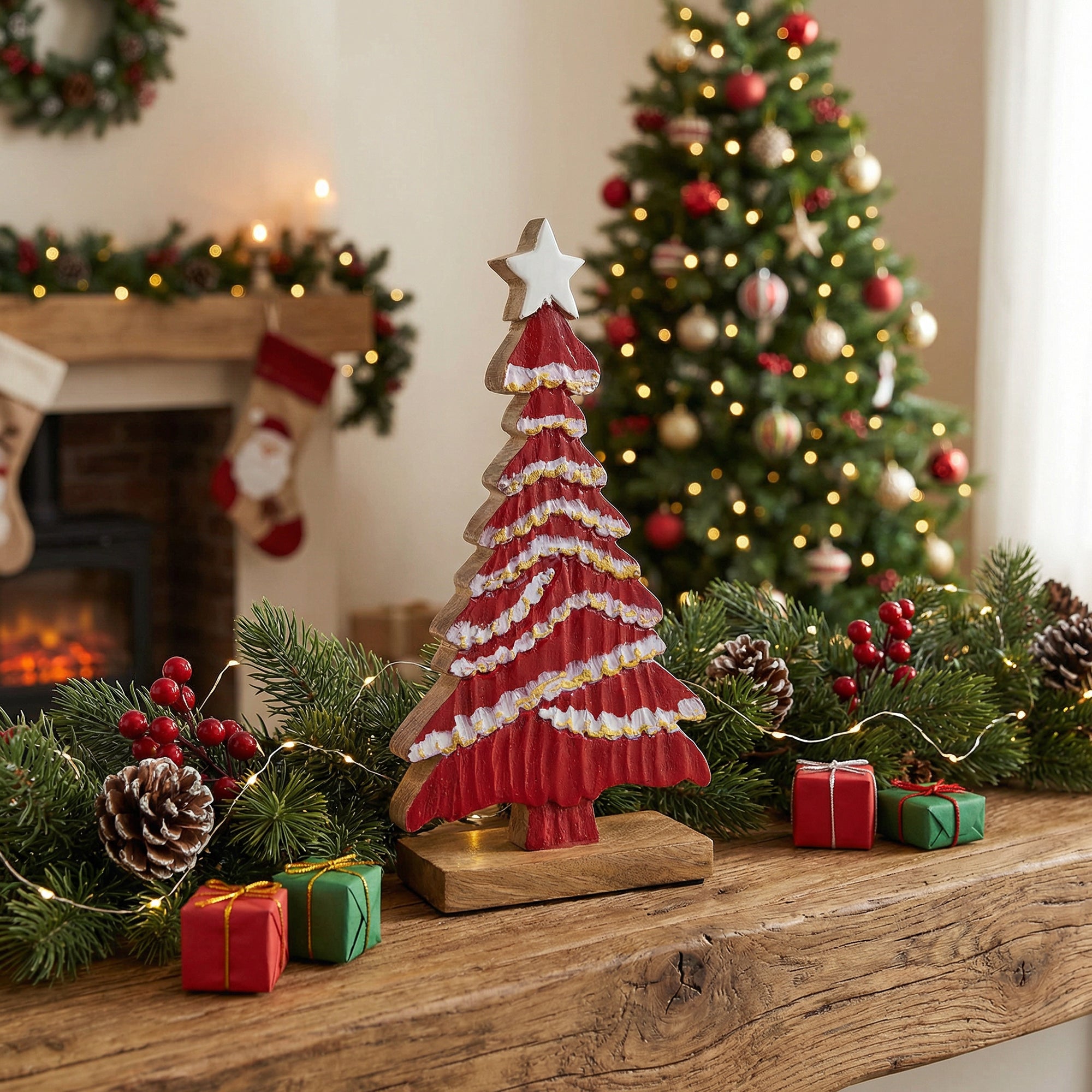 Mango Wood Red Tree with Enamel Coated Star, Christmas, Holiday Decor
