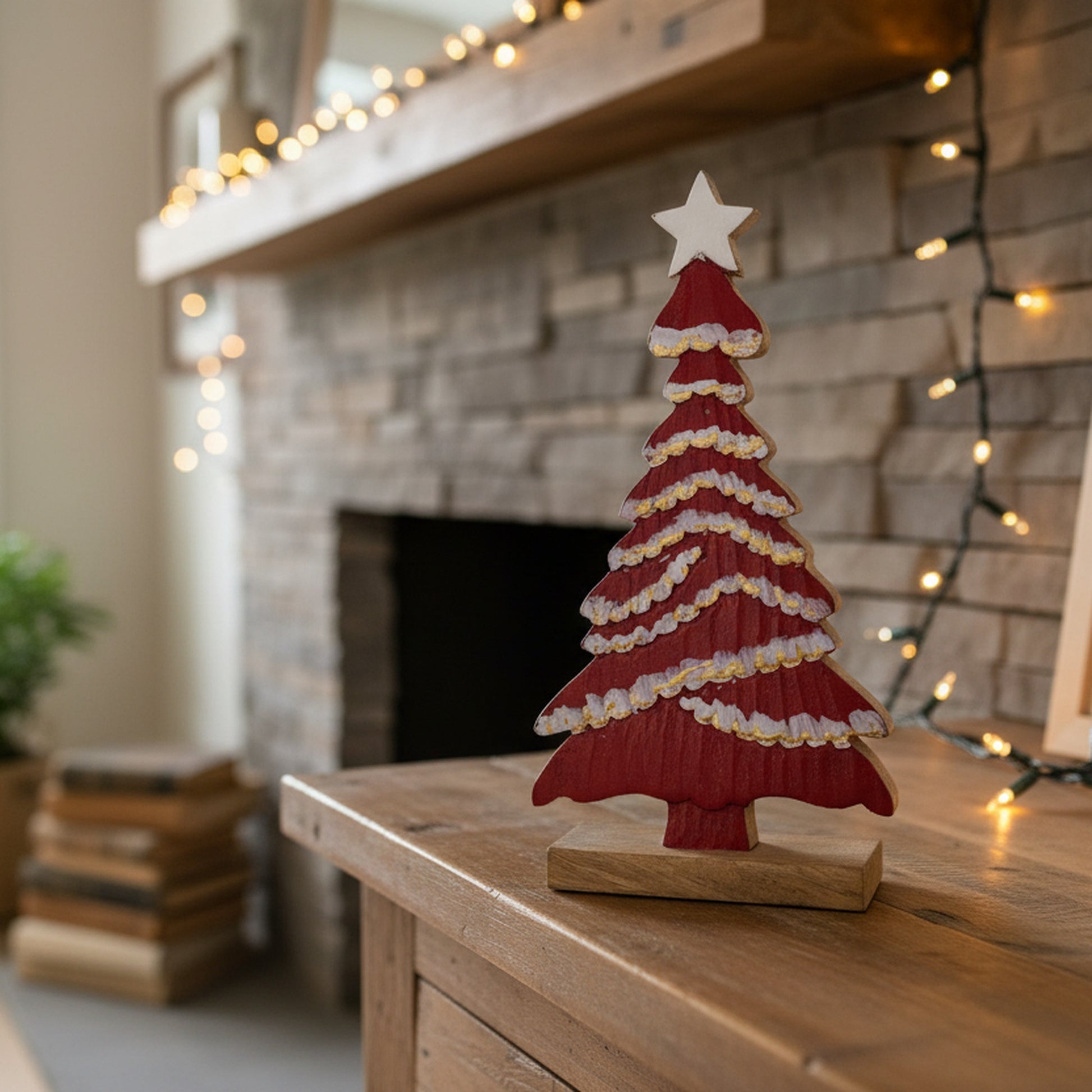 Mango Wood Red Tree with Enamel Coated Star, Christmas, Holiday Decor