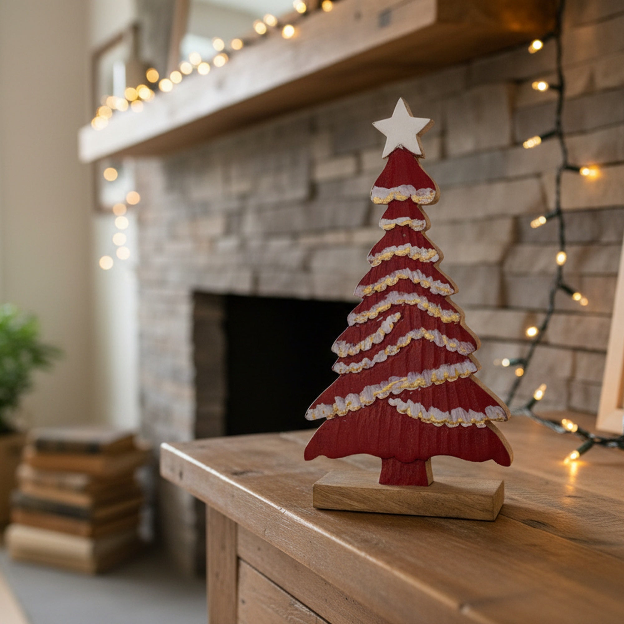 Mango Wood Red Tree with Enamel Coated Star, Christmas, Holiday Decor