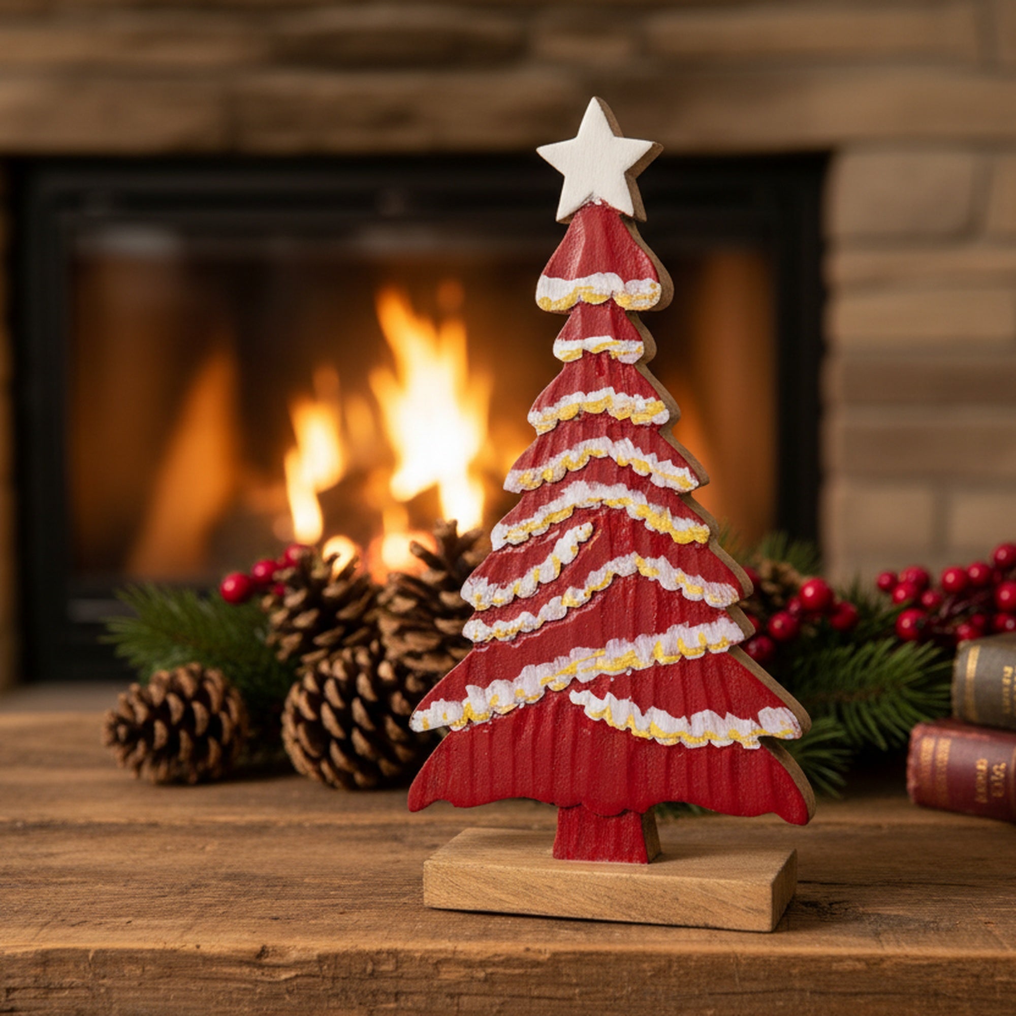 Mango Wood Red Tree with Enamel Coated Star, Christmas, Holiday Decor