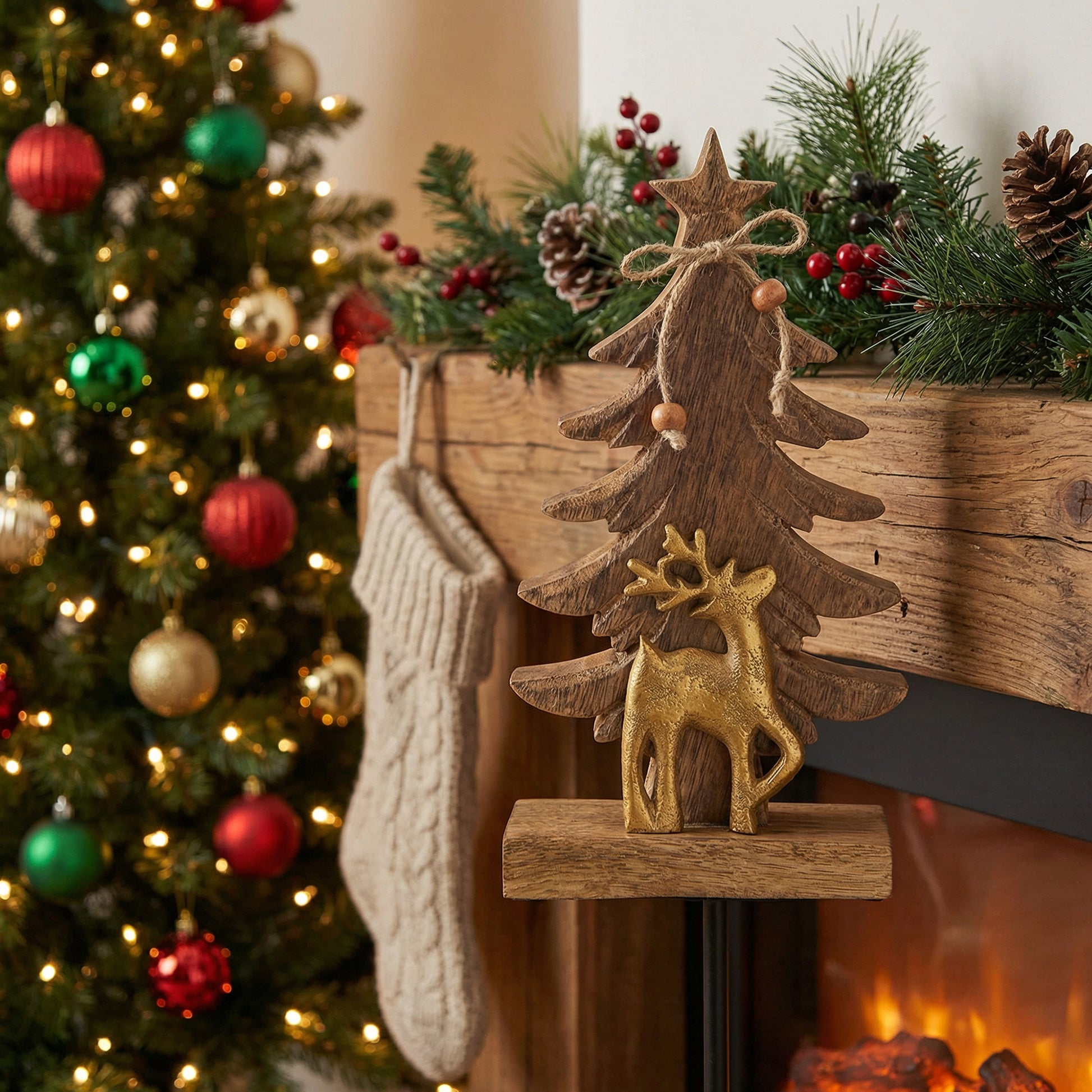 Mango Wood Tree with Gold Metal Reindeer, Christmas, Holiday Decor