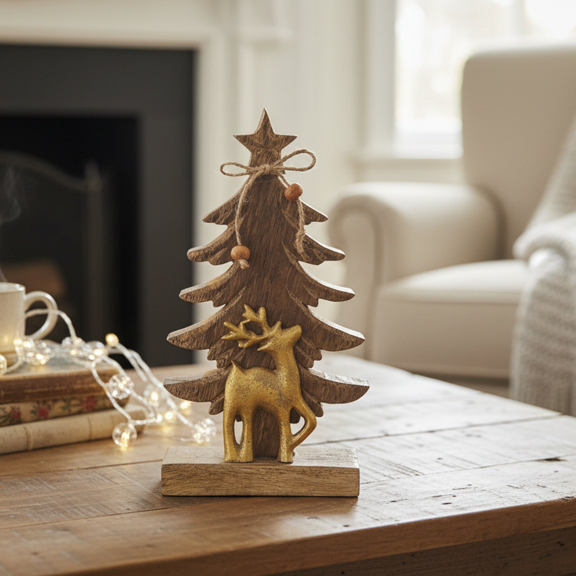 Mango Wood Tree with Gold Metal Reindeer, Christmas, Holiday Decor