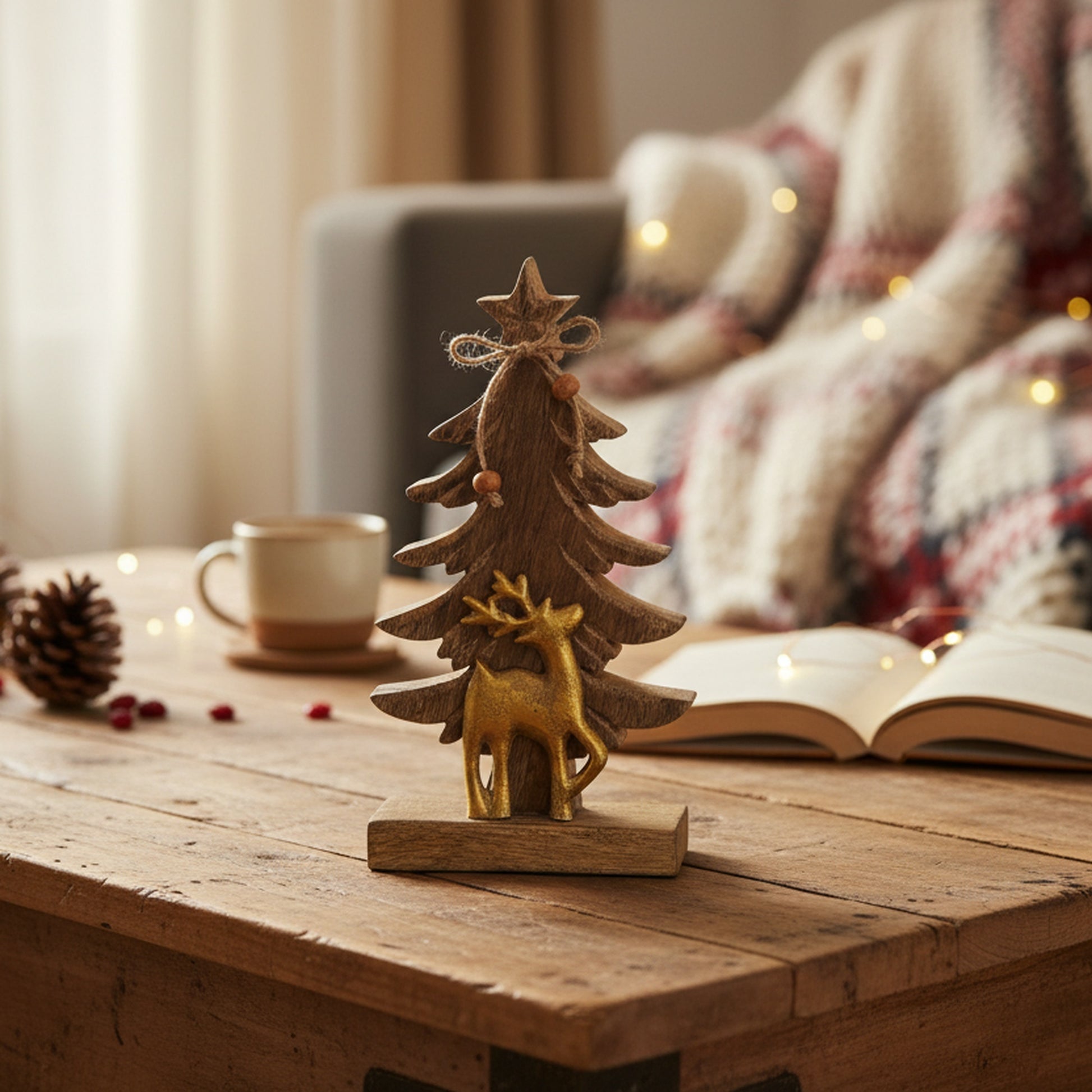 Mango Wood Tree with Gold Metal Reindeer, Christmas, Holiday Decor