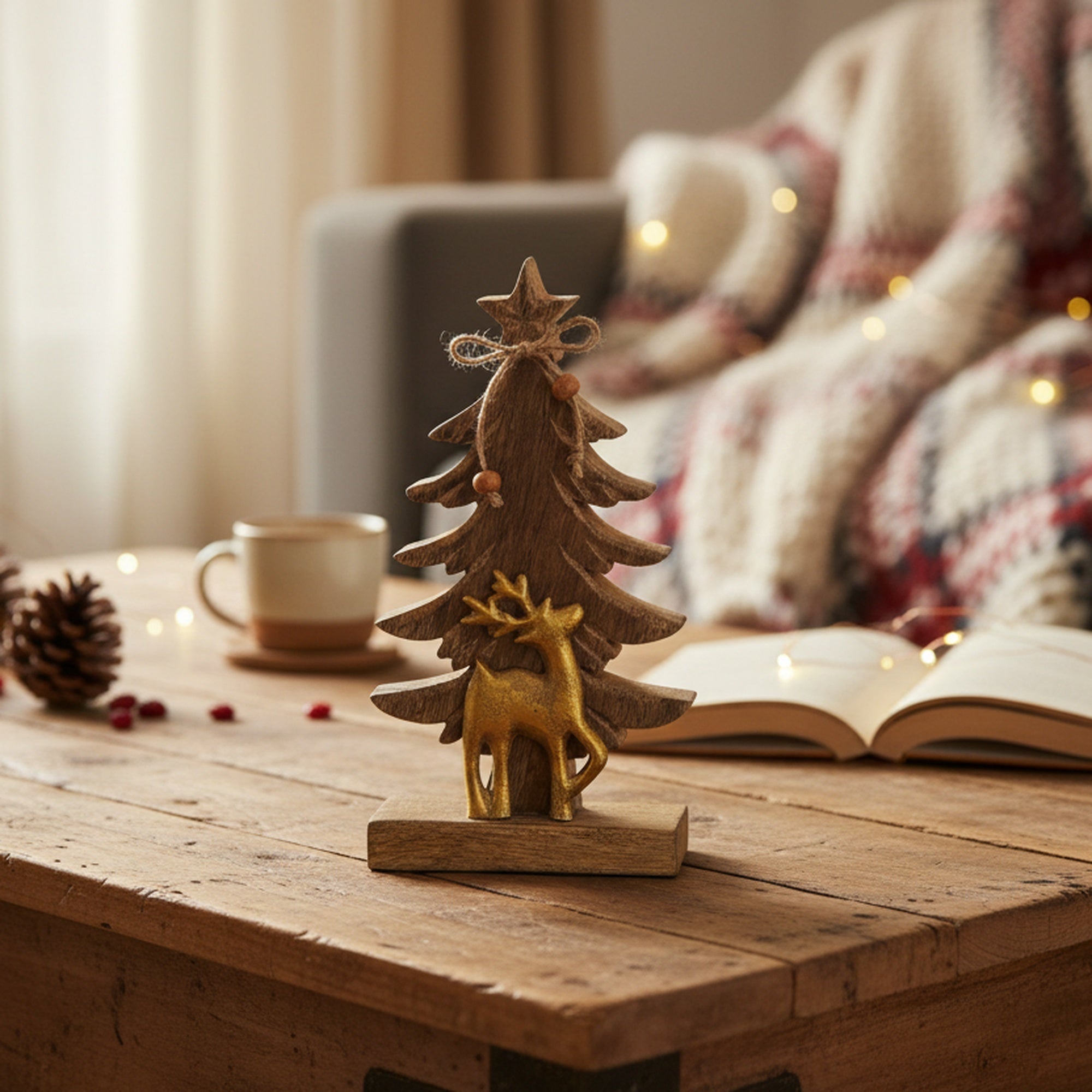Mango Wood Tree with Gold Metal Reindeer, Christmas, Holiday Decor
