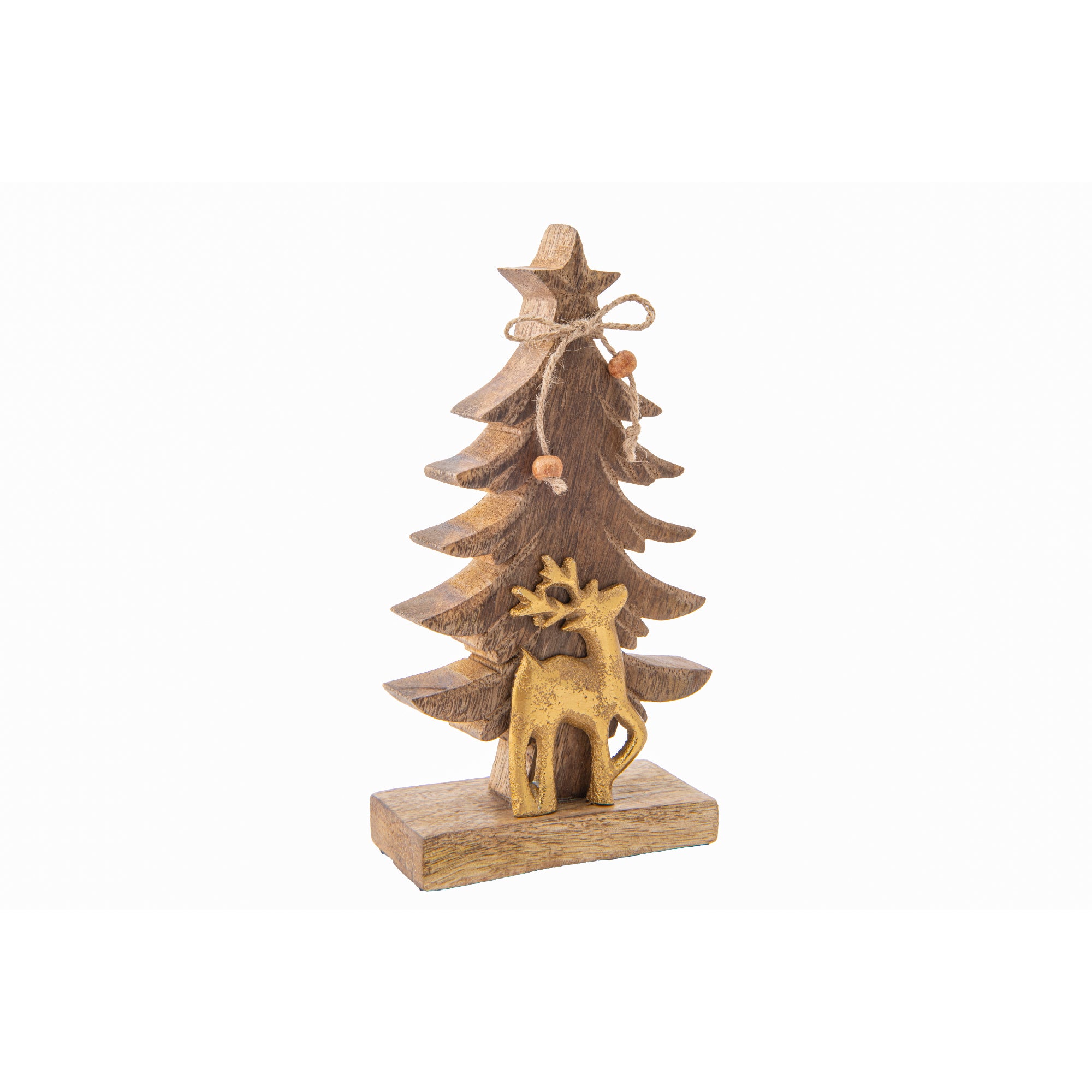 Mango Wood Tree with Gold Metal Reindeer, Christmas, Holiday Decor