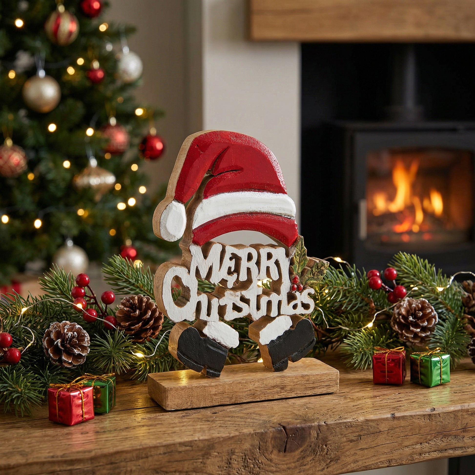 Mango Wood Santa Merry Christmas, Christmas, Holiday Decor