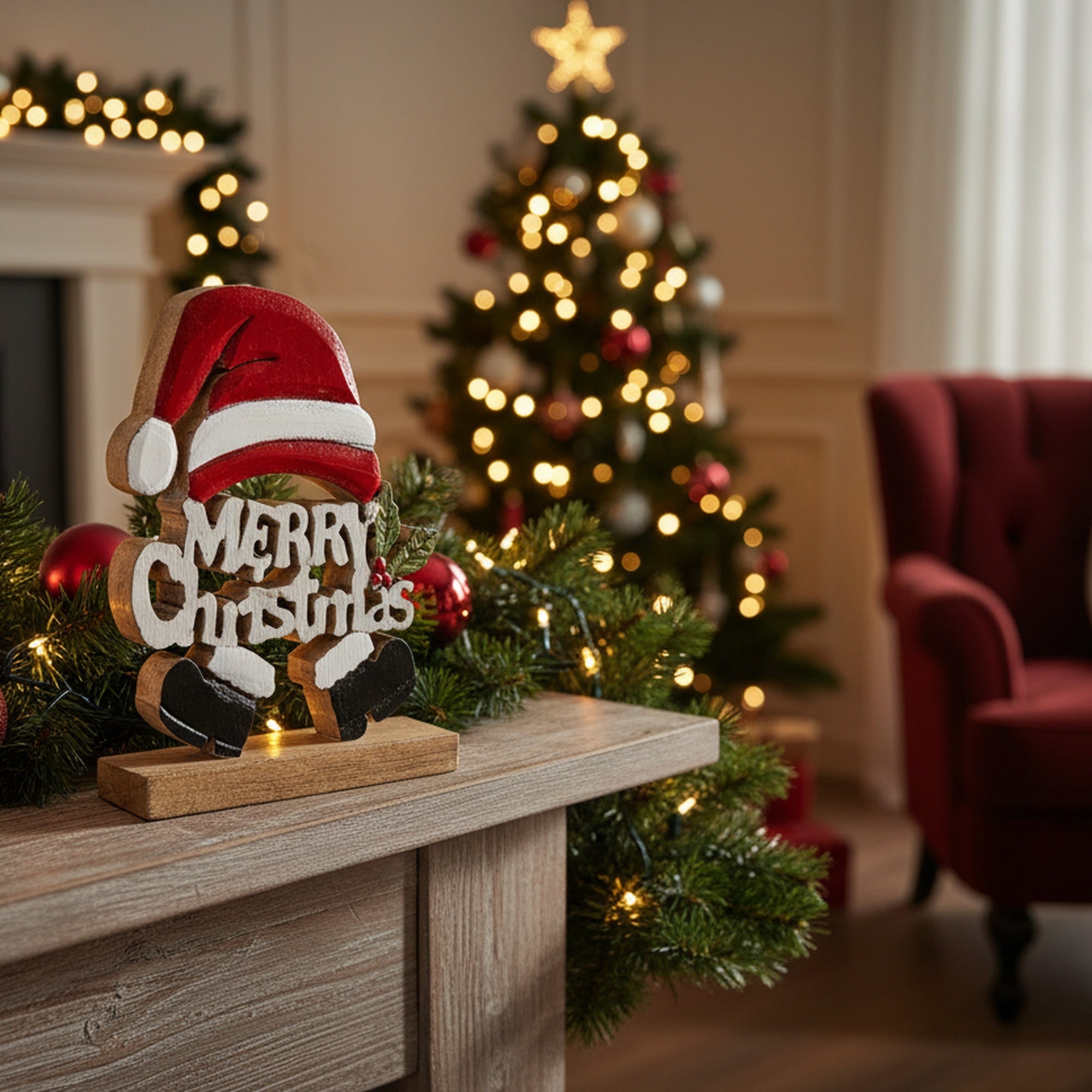 Mango Wood Santa Merry Christmas, Christmas, Holiday Decor